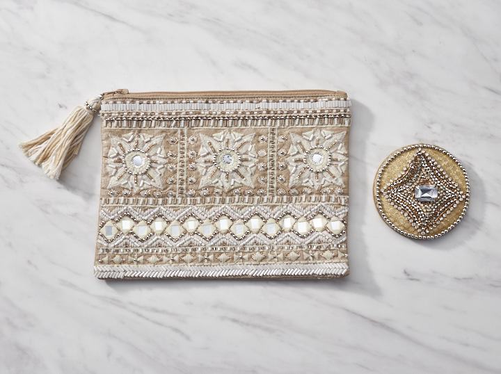 ビーズ刺繍フラットポーチ＆手鏡セット