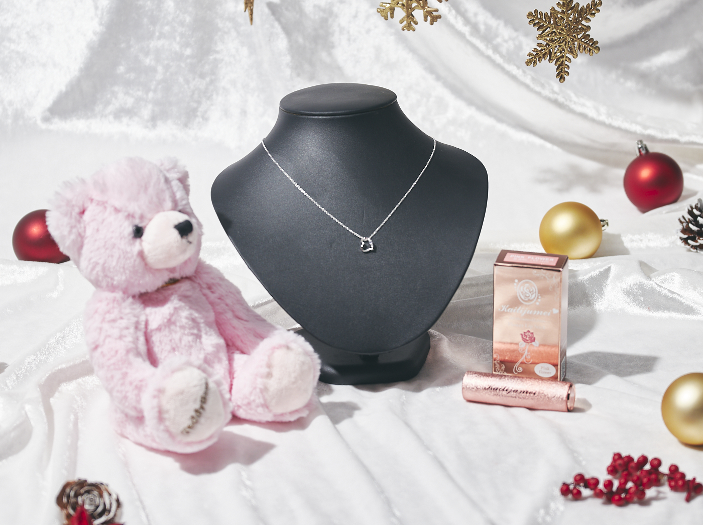 【タンプ限定名入れギフト】誕生石ネックレス & テディベア ＆ kailijumeiリップ 