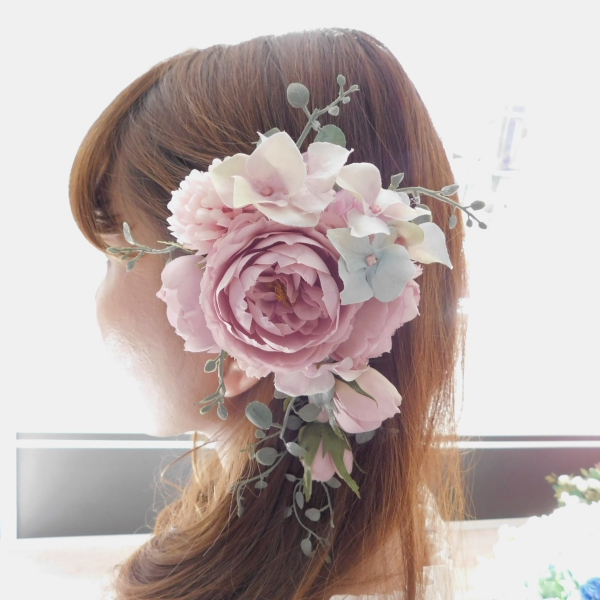 薔薇ナチュラルグリーンキャスケードコサージュ【アンティークモーブ】クリアケース付き