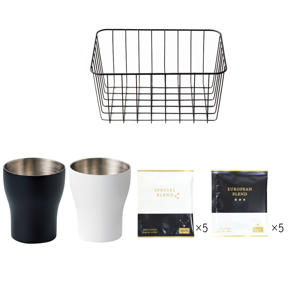 B&W カゴ入り二重構造カップ2P&コーヒーセット