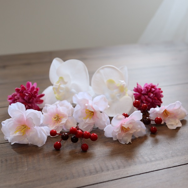 ヘアゴム レジン 桜型 マトリカリアと桜 ロイヤルパープルとバイオレット バイオレットサファイア(宝石名バイオレット・サファイア