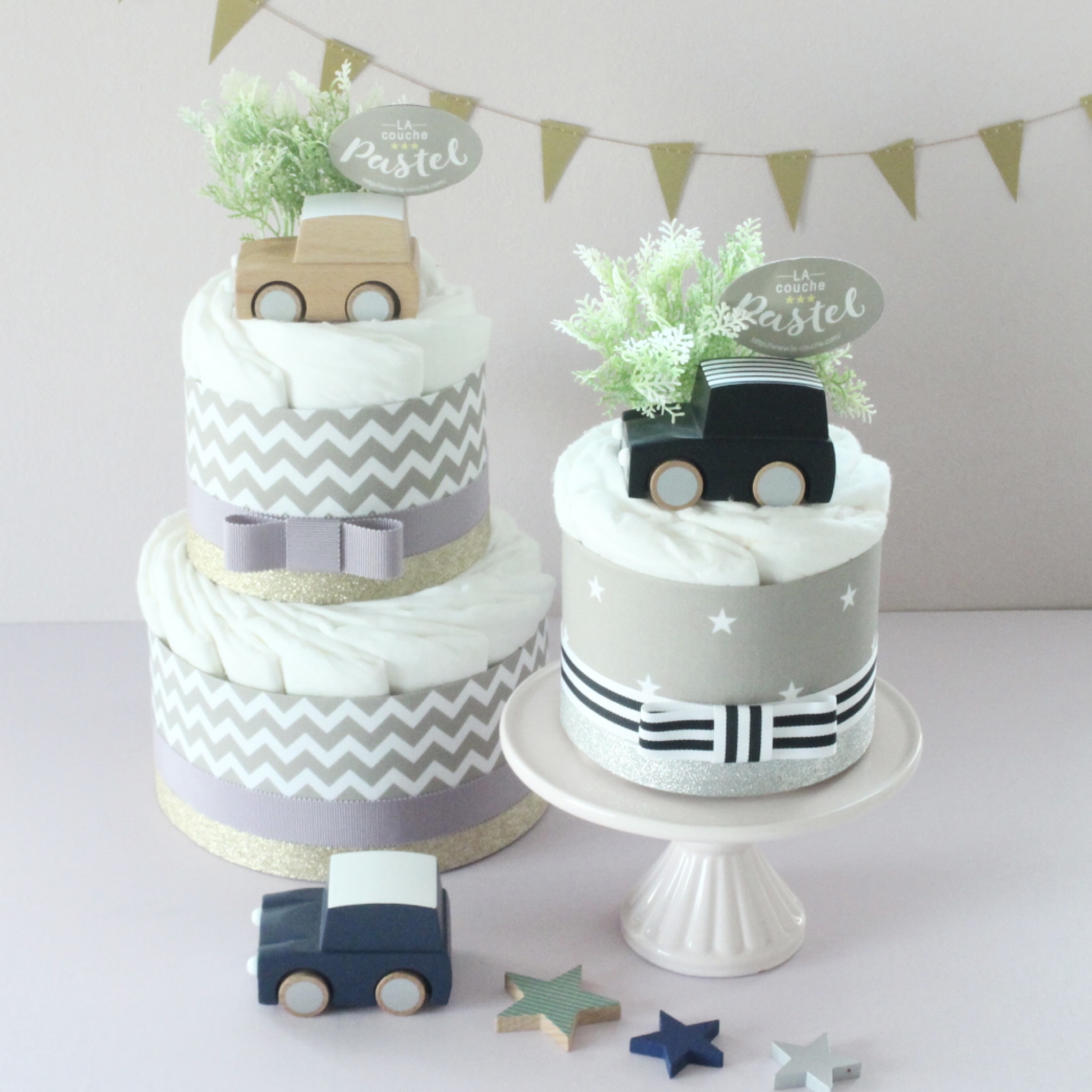 Kiko＋の kuruma付きオーガニックおむつケーキ（2段/全2色）