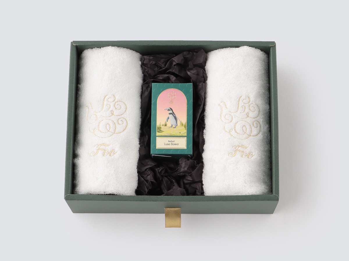 オーガニックコットン ハンドタオル2枚&Foo TokyoバスオイルLuxe Flower 1本ギフトセット