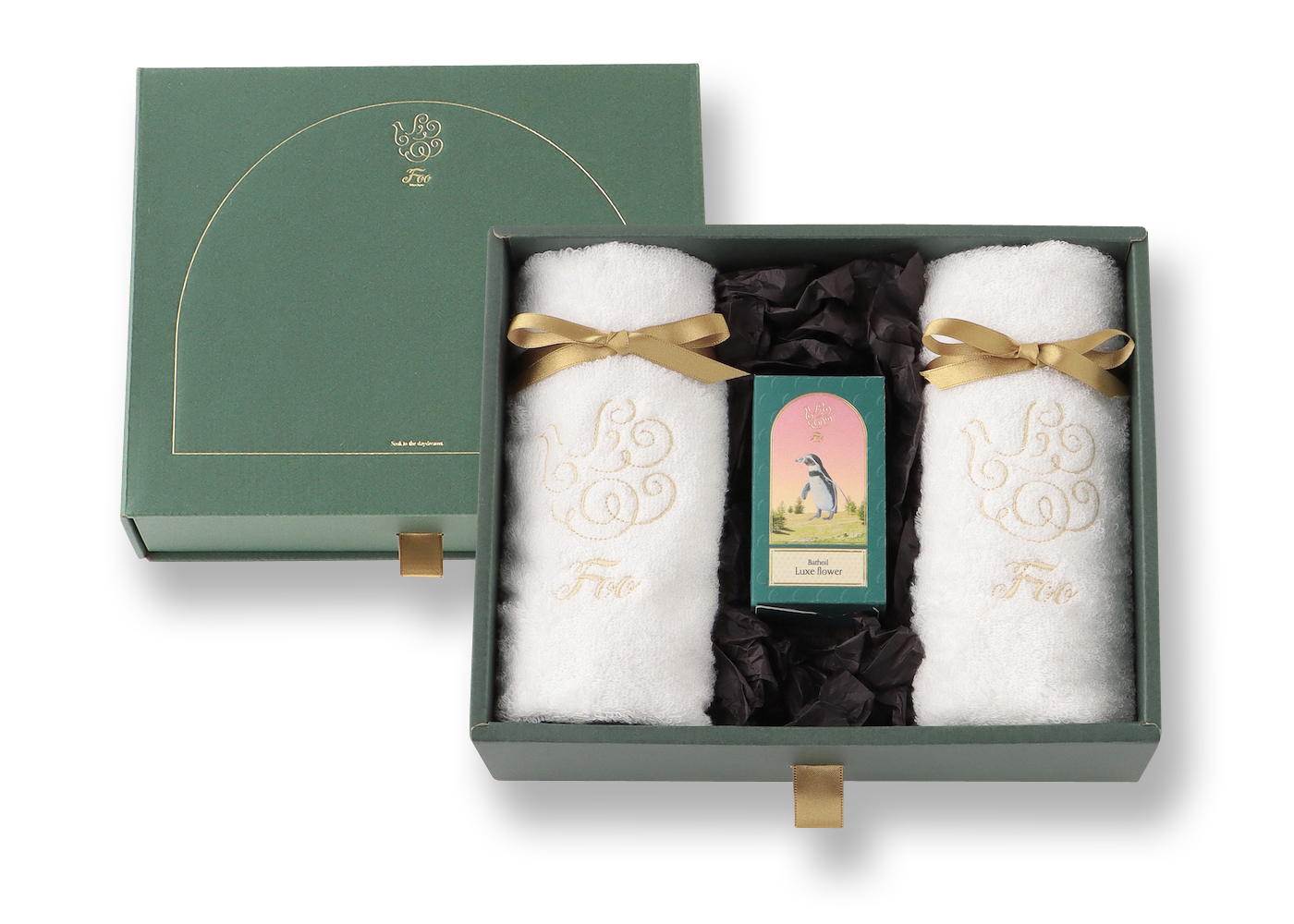 オーガニックコットン ハンドタオル2枚 & Foo Tokyo バスオイル Luxe Flower 1本ギフトセット(ゴールドリボン)