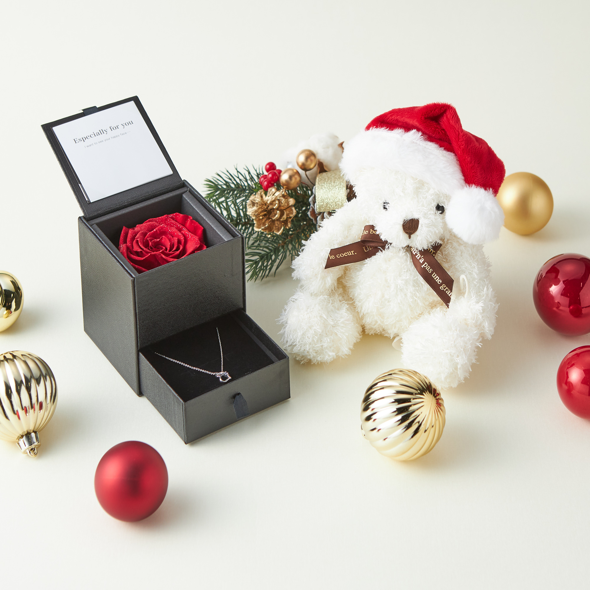 【タンプ限定】ローズBOXラブハートネックレス＆クリスマスベアセット