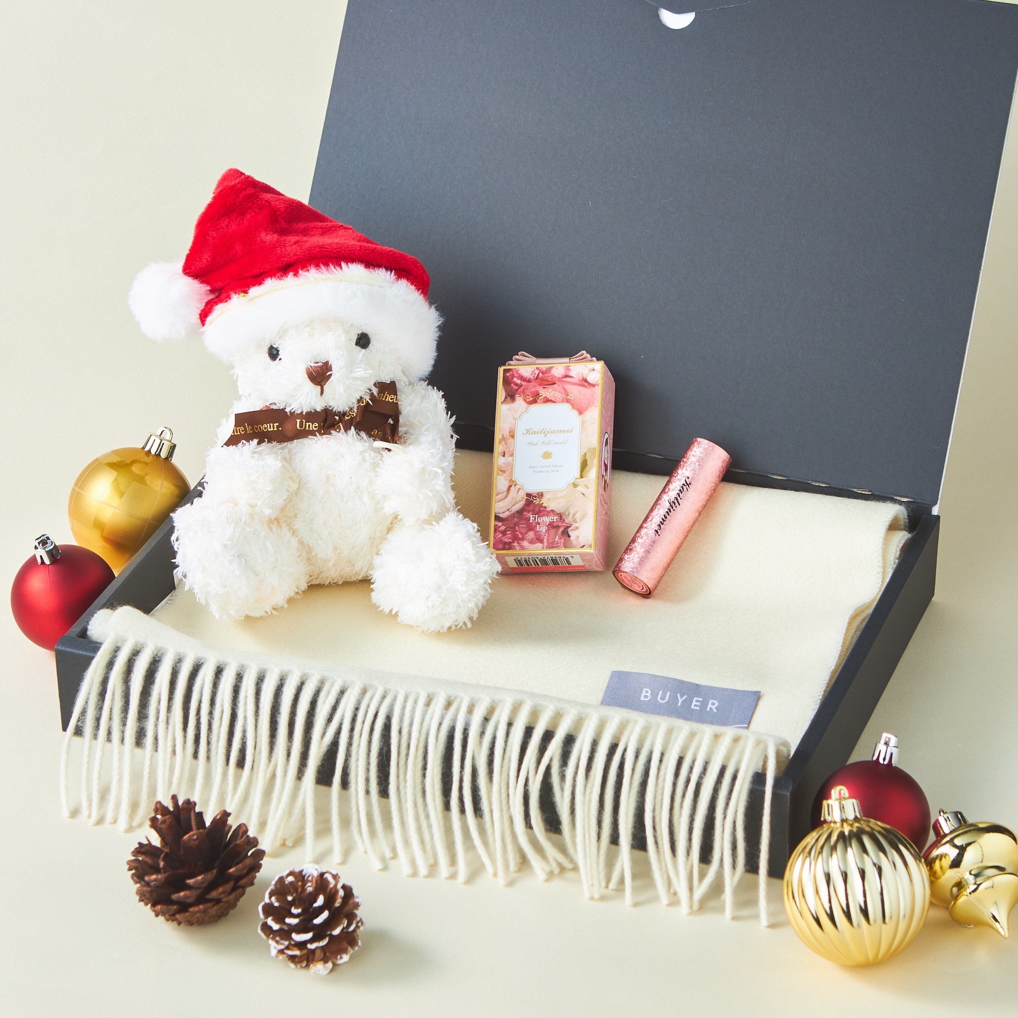 【刺繍名入れギフト】リップ＆マフラー＆クリスマステディベアセット