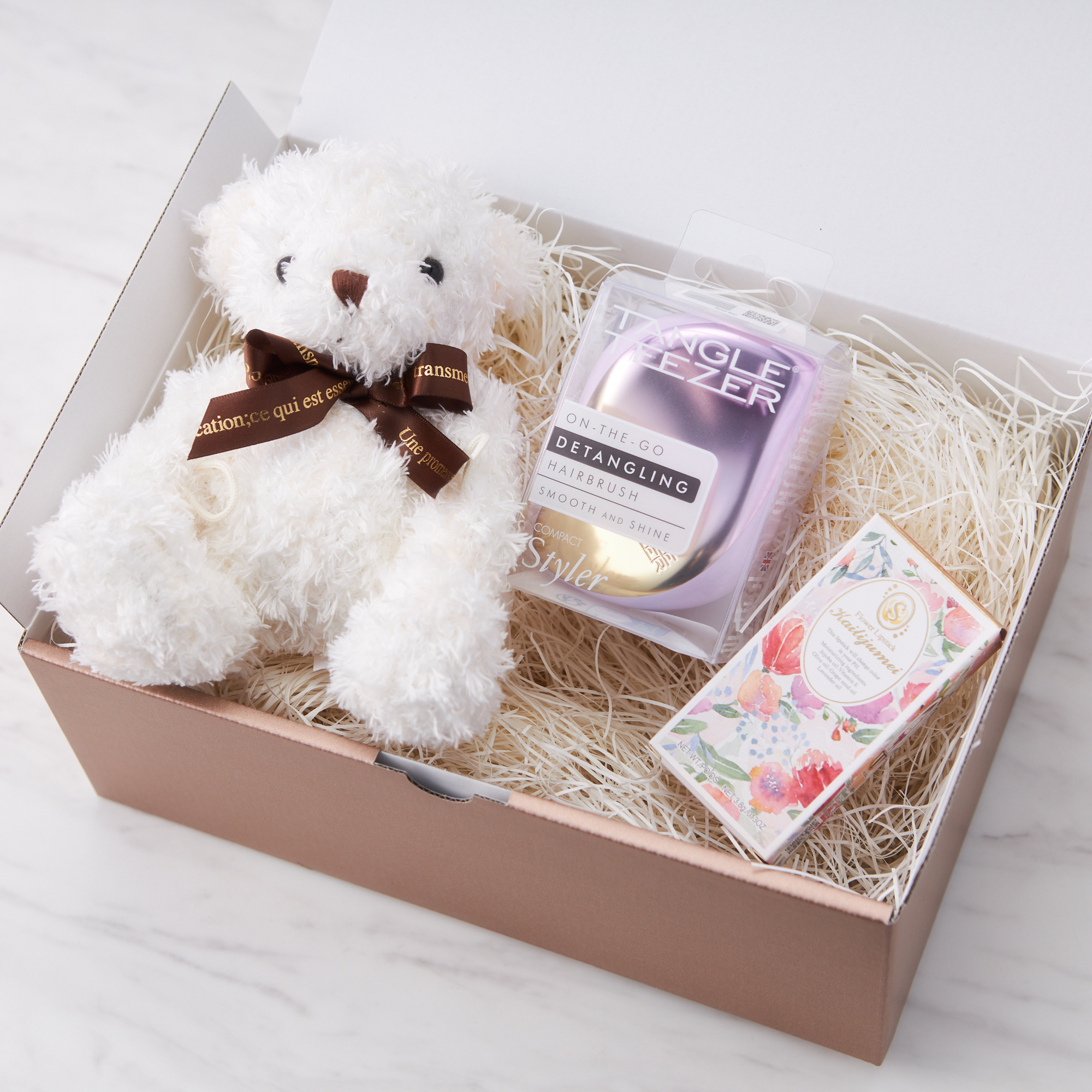 タンプ限定/ギフトBOX/名入れ】リップ＆ヘアブラシ＆テディベアセット 