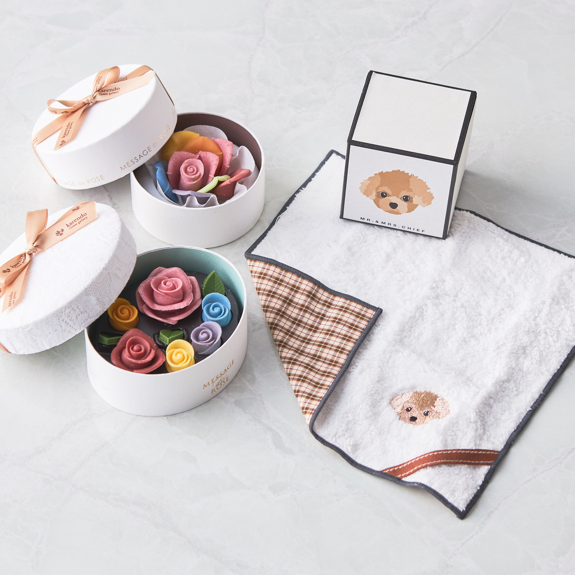 【ギフトBOX】選べるレインボーチョコレート＆タオルハンカチ（イヌ）セット