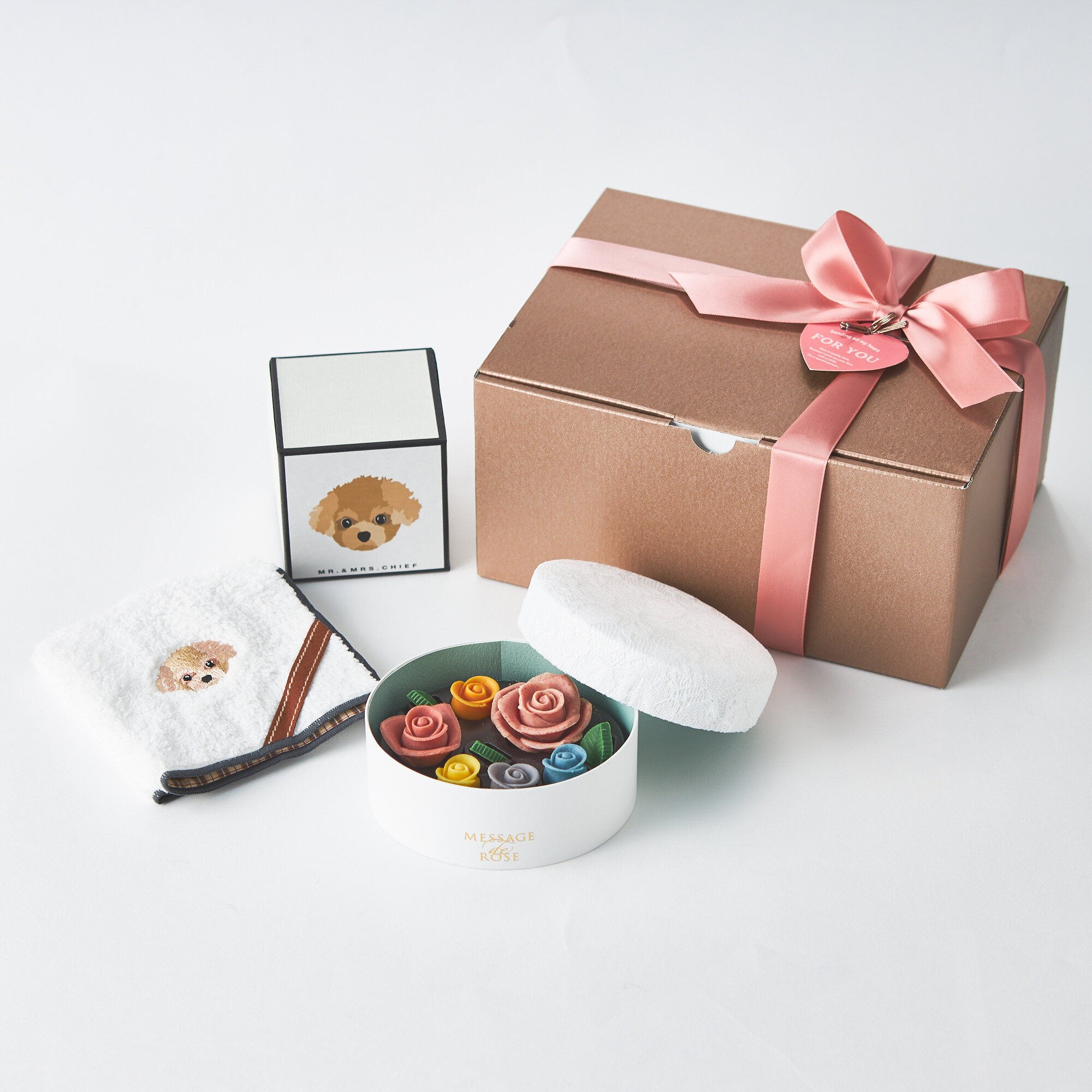 【ギフトBOX】選べるレインボーチョコレート＆タオルハンカチ（イヌ）セット