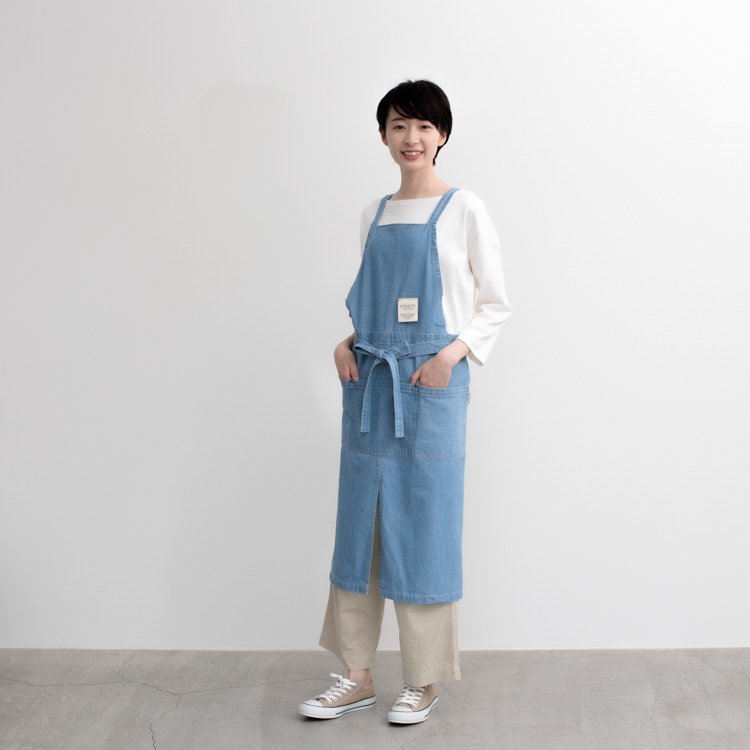 washedデニム&ヒッコリーラップエプロン