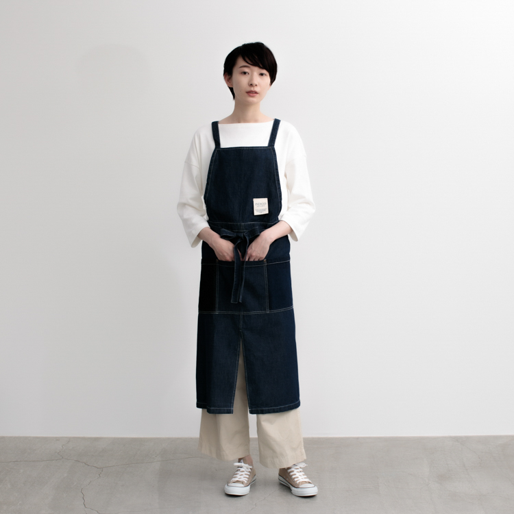 washedデニム&ヒッコリーラップエプロン