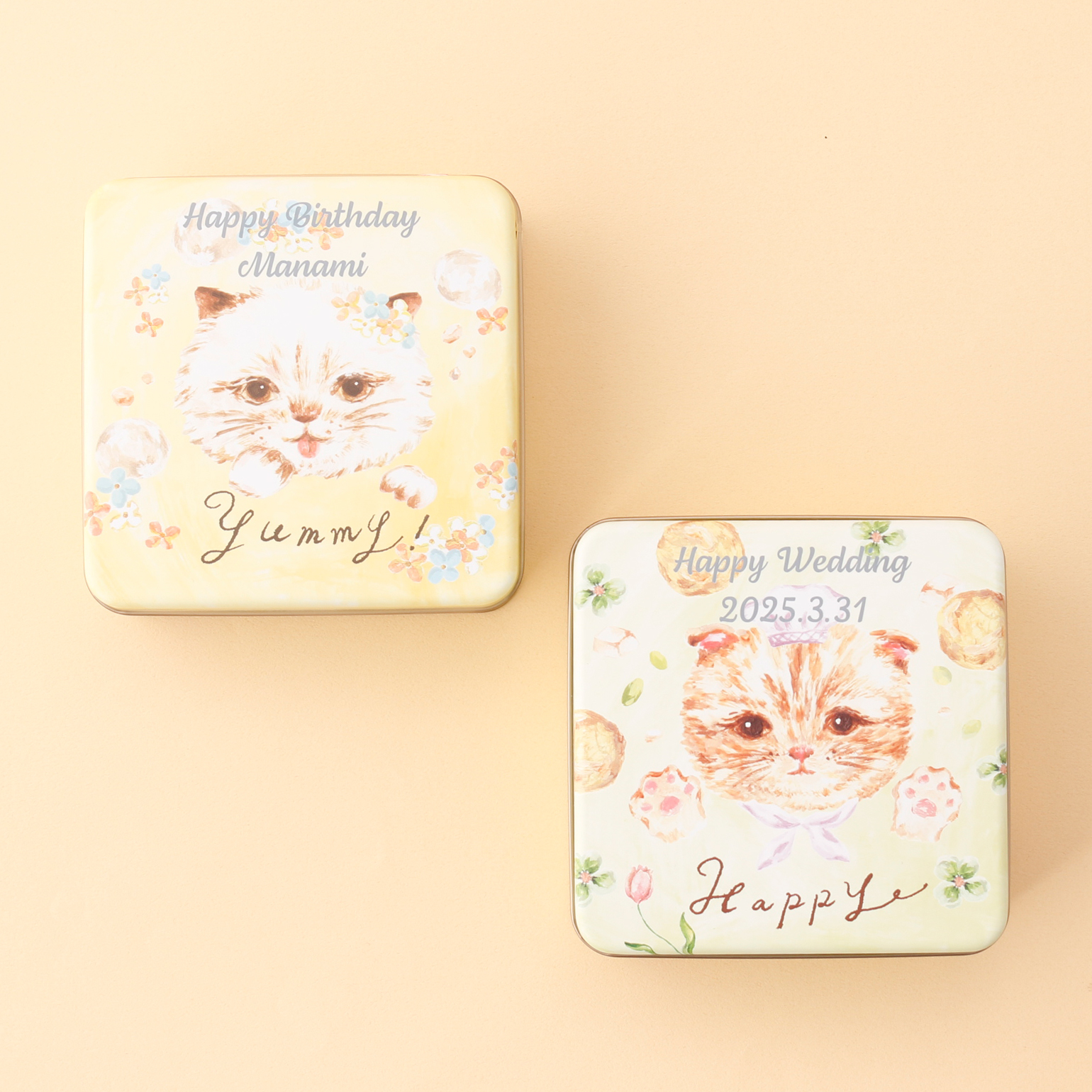 【缶に名入れ可能】こねこのこねこねクッキー缶 （Love・Happy・Yummy）