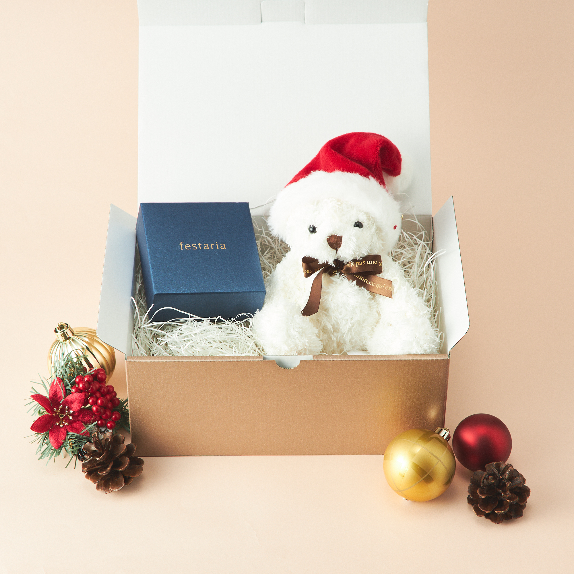 【クリスマスBOX付き/名入れ】テディベアとリングネックレスギフトセット
