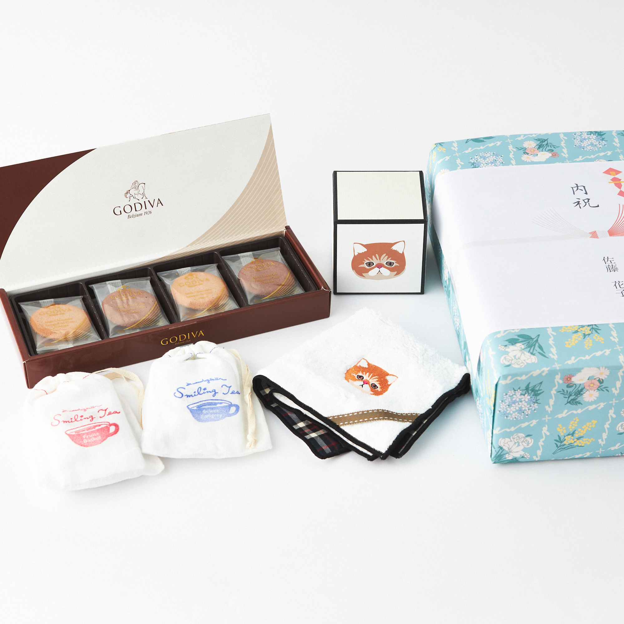 【ボックス付き】GODIVAクッキー・紅茶・NEKOハンカチセット