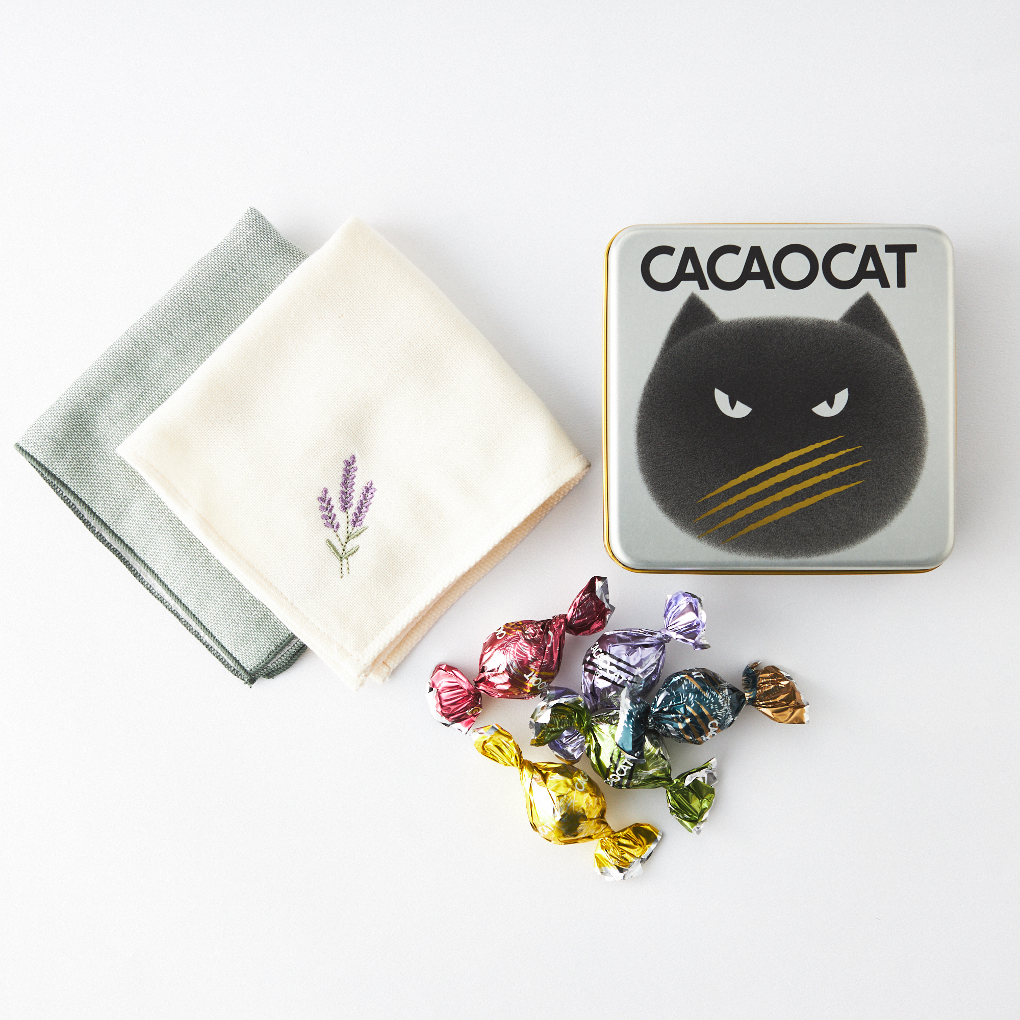【名入れ】今治タオル花刺繍&無地ハンカチ・CACAOCAT缶セット