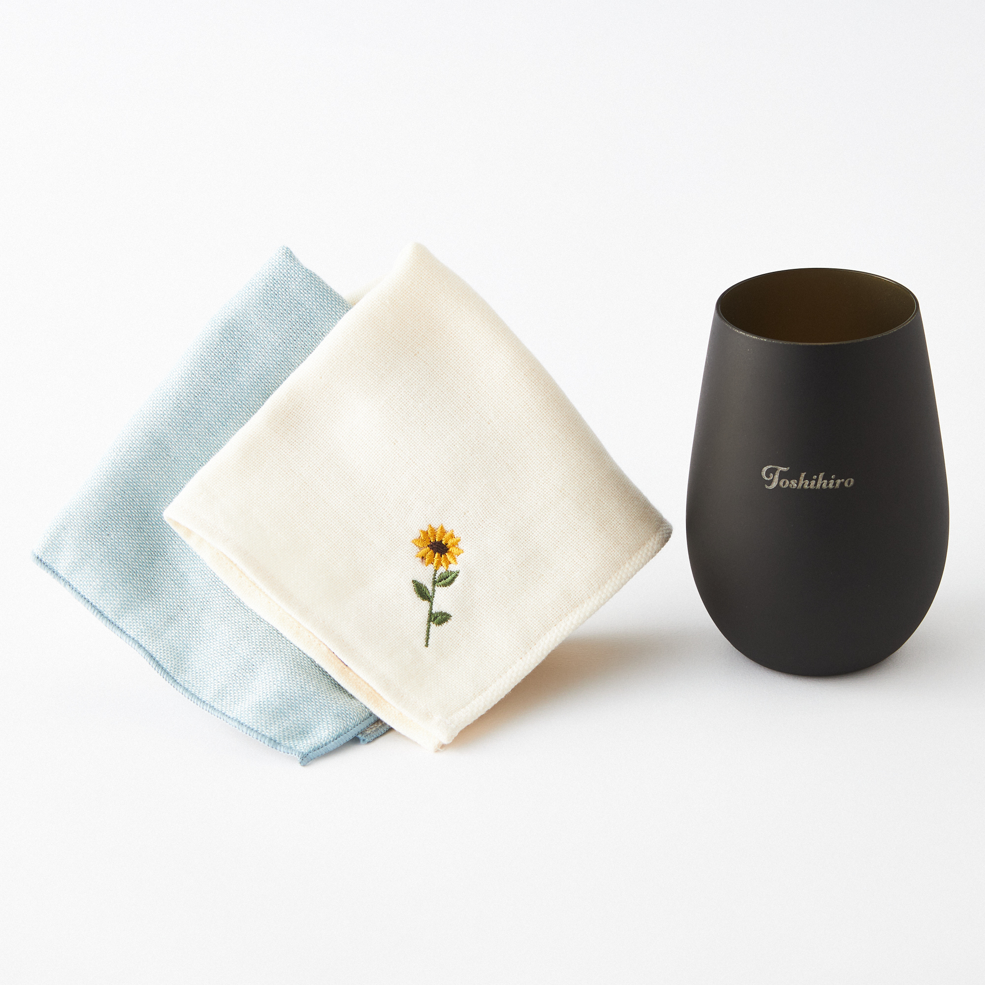 【名入れ】今治タオル花刺繍&無地ハンカチ・メタルタンブラーセット