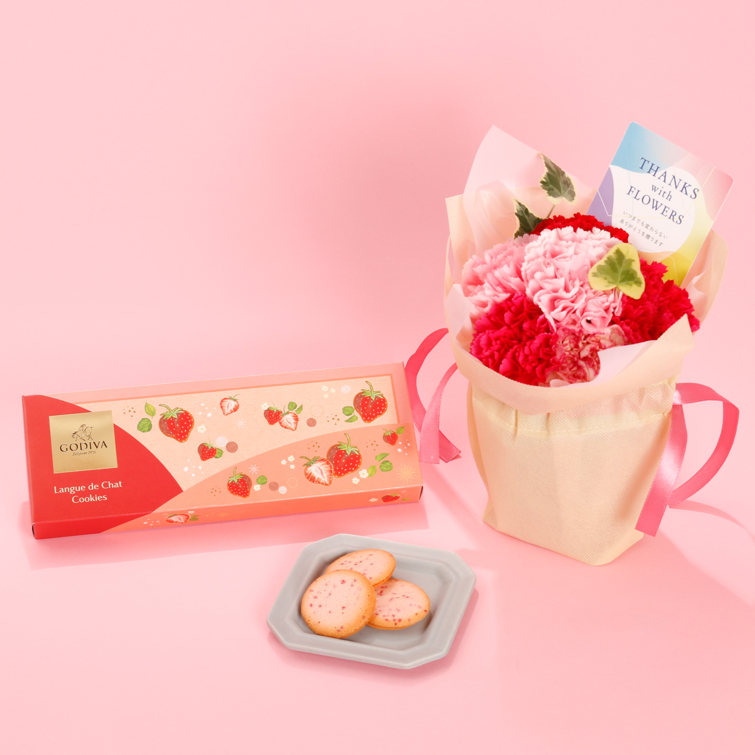 【すぐ使える1000円オフクーポン】【母の日！日比谷花壇×ゴディバ】そのまま飾れるブーケとGODIVA苺クッキーセット