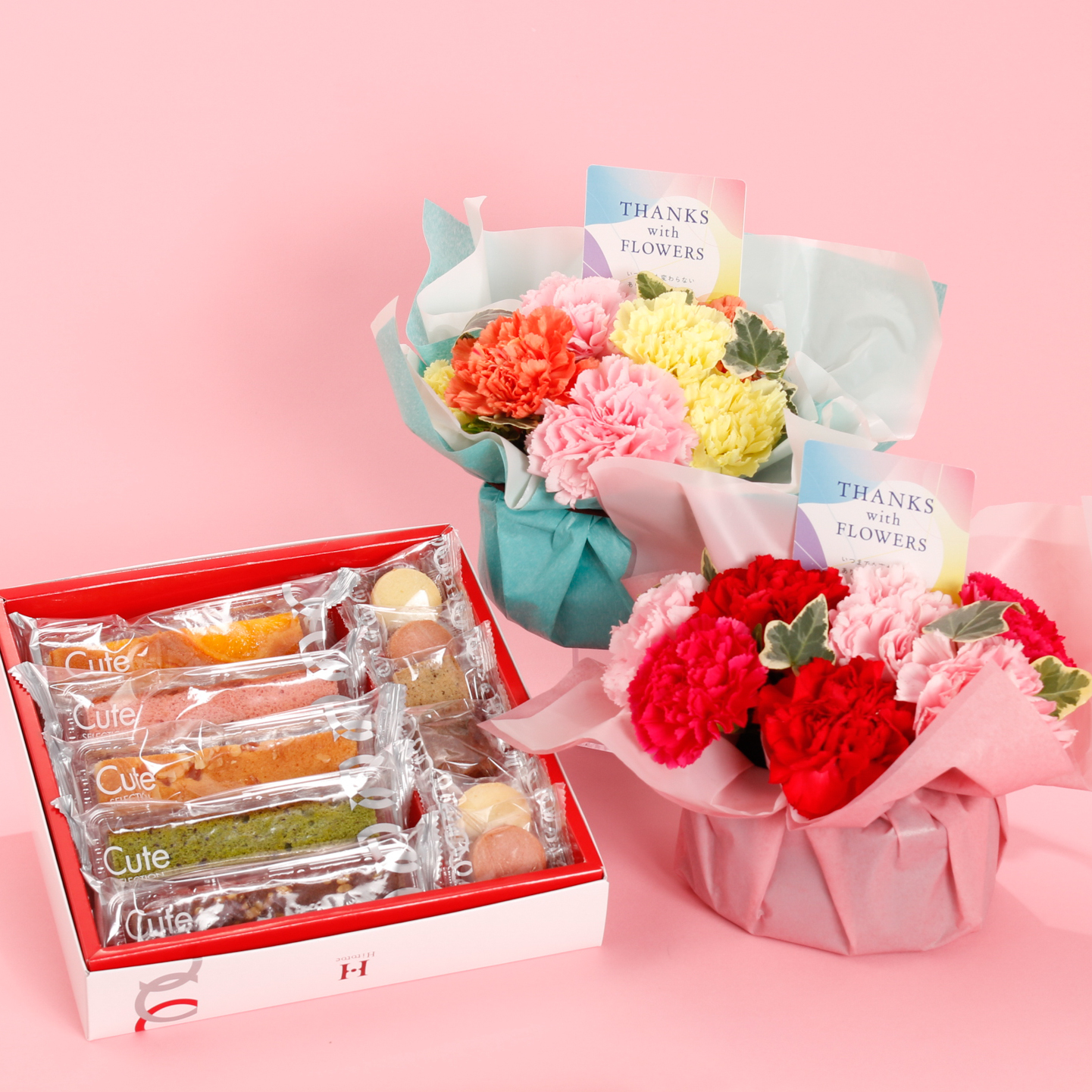 【母の日限定カーネーション/日比谷花壇】華やかなアレンジメントと選べるスイーツセット