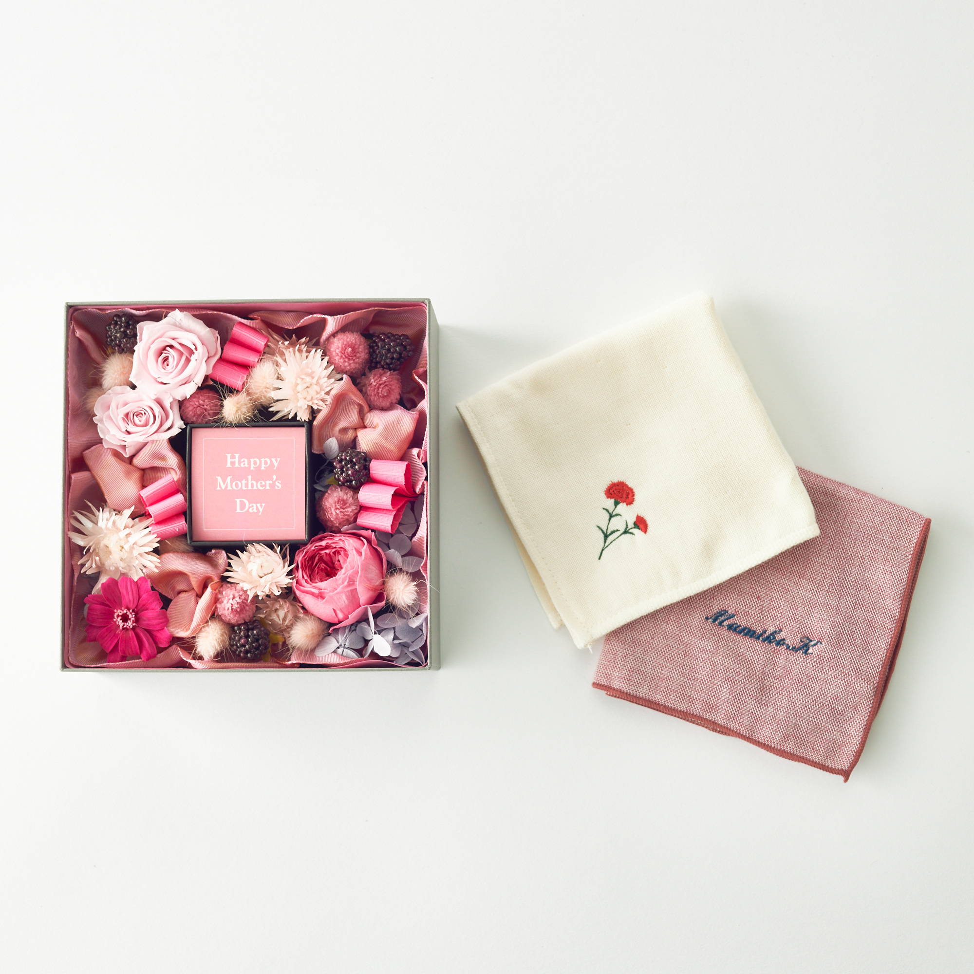 【名入れ】今治タオル花刺繍・無地ハンカチBOX ＆プリザーブドフラワーボックスセット