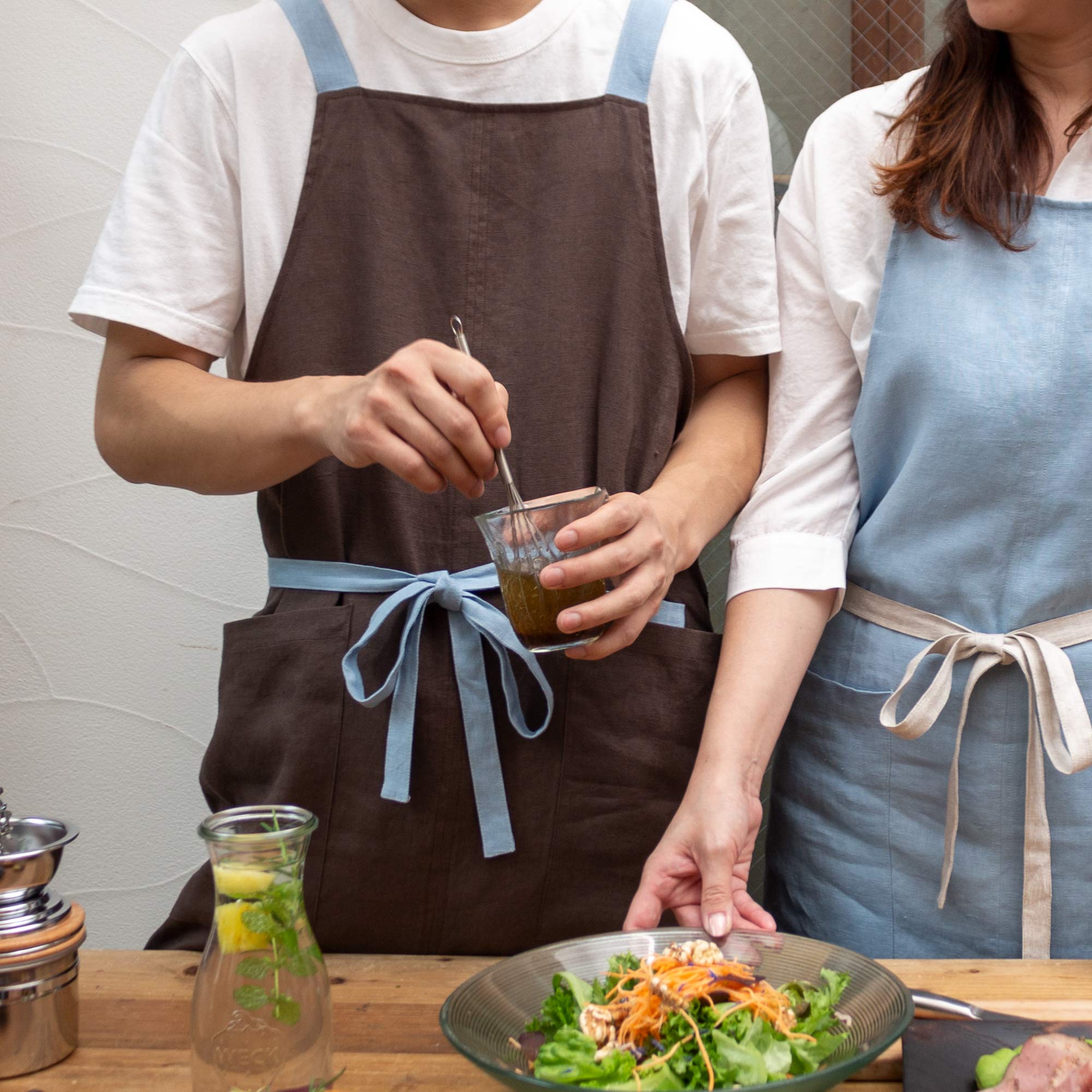 【ミニブーケ付き】リネンエプロンとキッチンクロスのギフトセット
