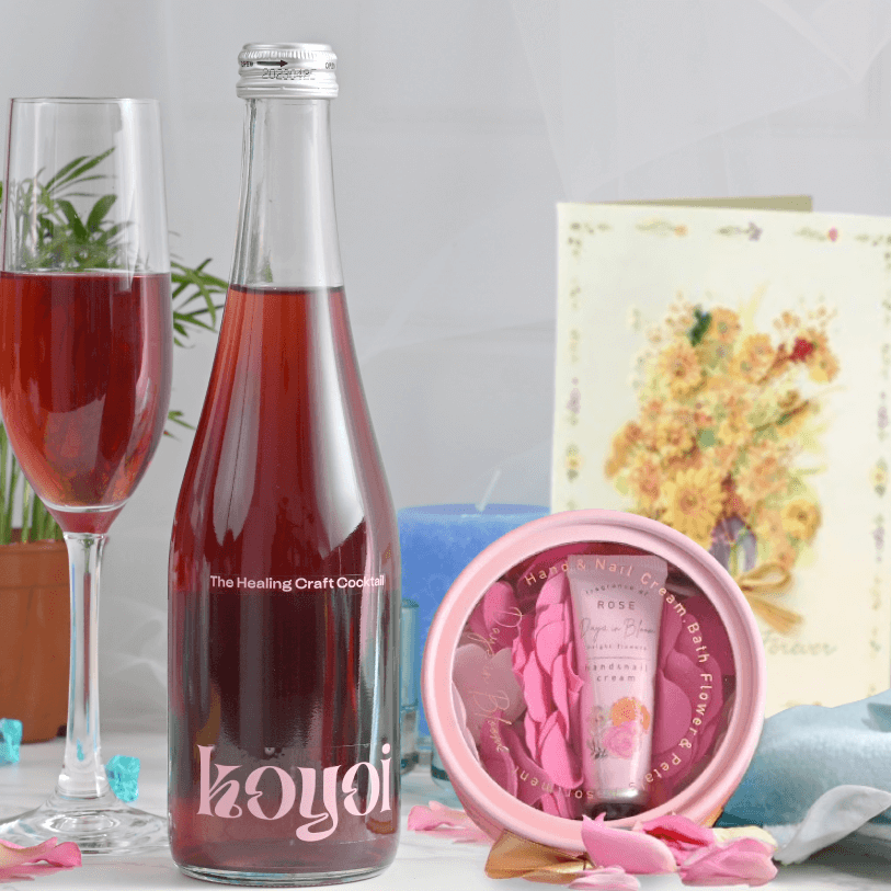 ローズ⾹る花びら⼊浴剤＆ハンドクリームとハイビスカスのスパークリングカクテルのセット