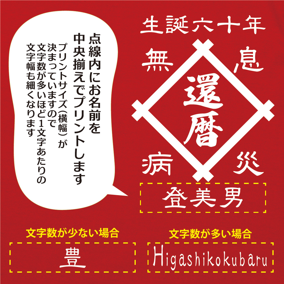 【名入れ対応】「還暦Tシャツ 前掛け風 井桁」（レッド）