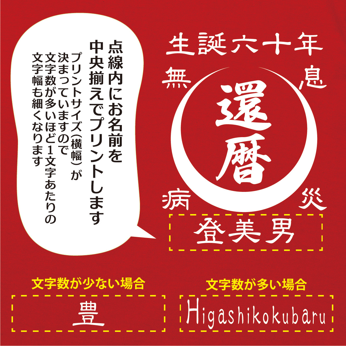 【名入れ対応】「還暦Tシャツ 前掛け風 月」（レッド）