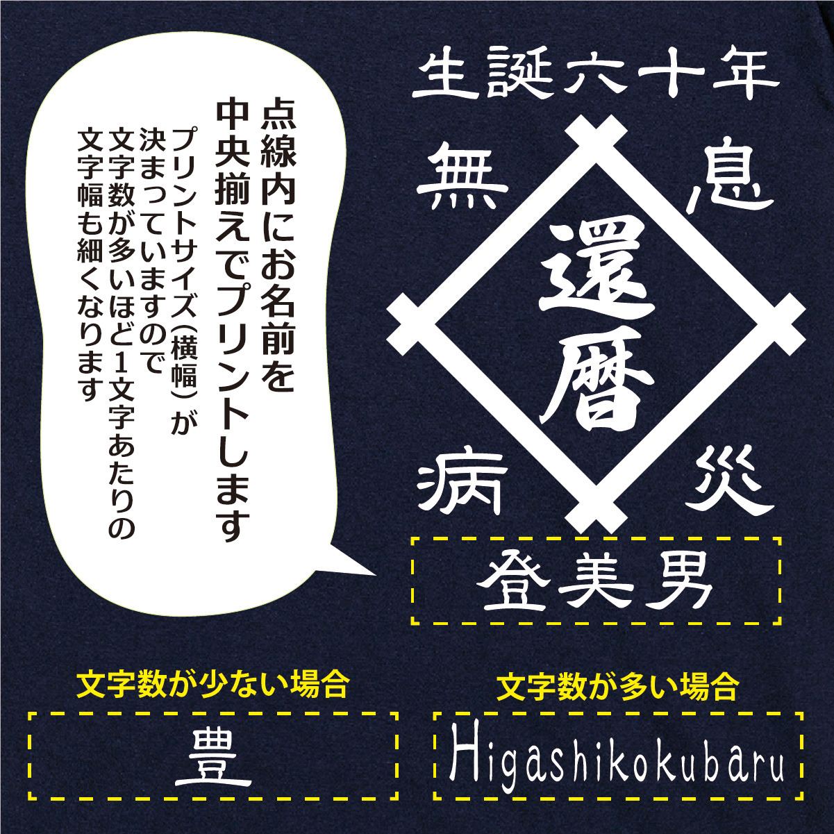 【名入れ対応】「帆前掛け風 還暦Tシャツ 井桁」（ネイビー）