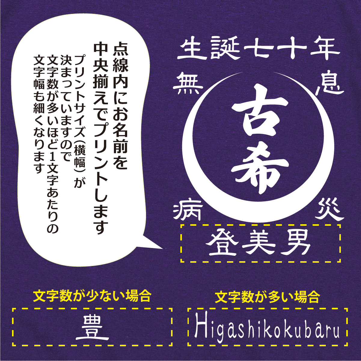 【名入れ対応】「古希Tシャツ 前掛け風 月」（パープル）