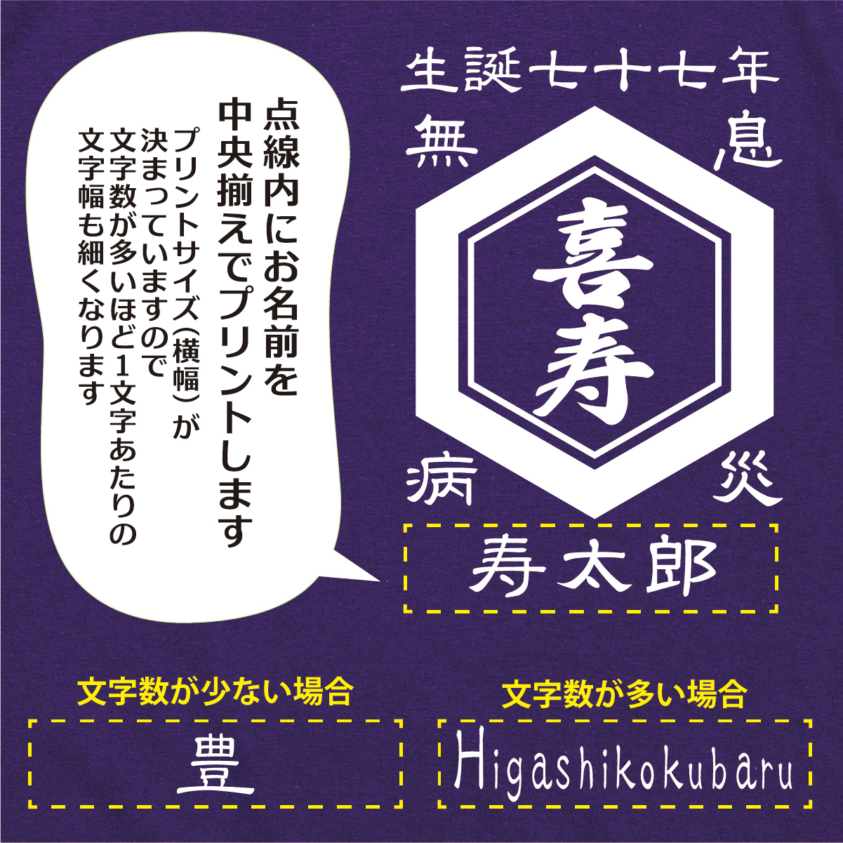 【名入れ対応】「前掛け風 喜寿Tシャツ 亀甲」（パープル）