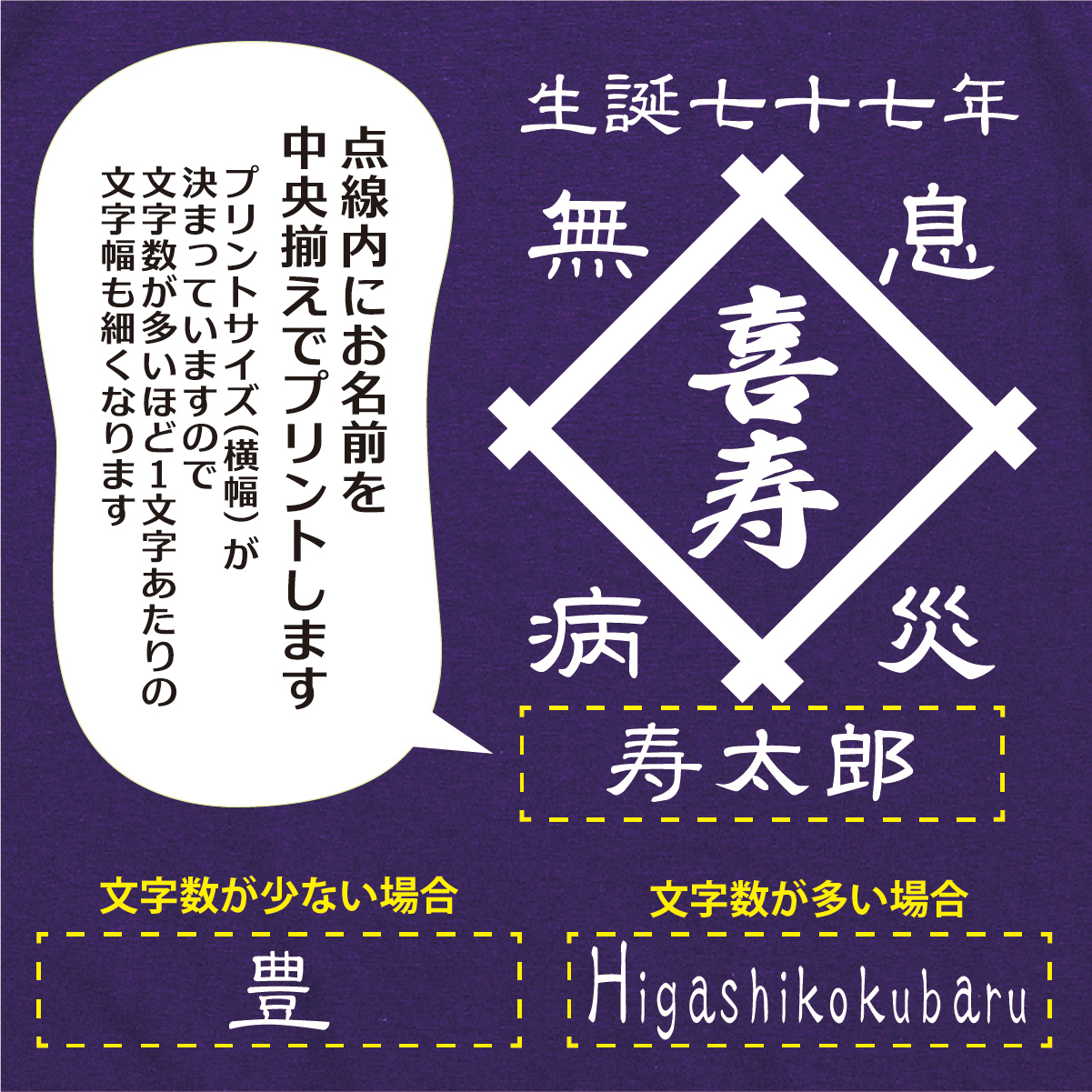 【名入れ対応】「前掛け風 喜寿Tシャツ 井桁」（パープル）