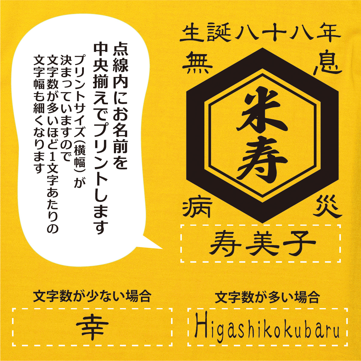 【名入れ対応】「前掛け風 米寿Tシャツ 亀甲」（カナリアイエロー）