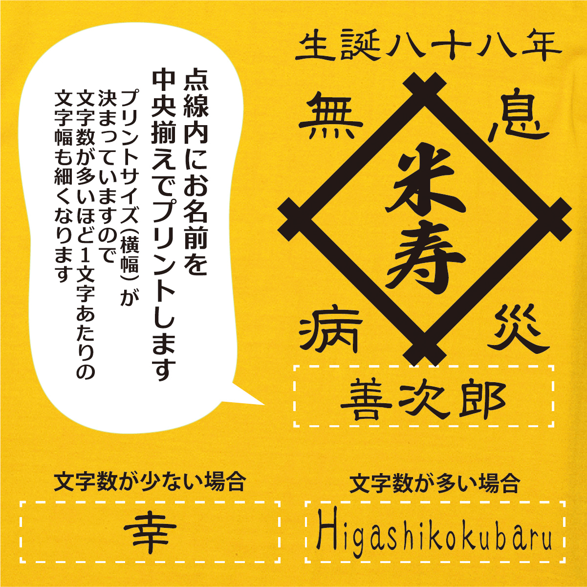 【名入れ対応】「前掛け風 米寿Tシャツ 井桁」（カナリアイエロー）