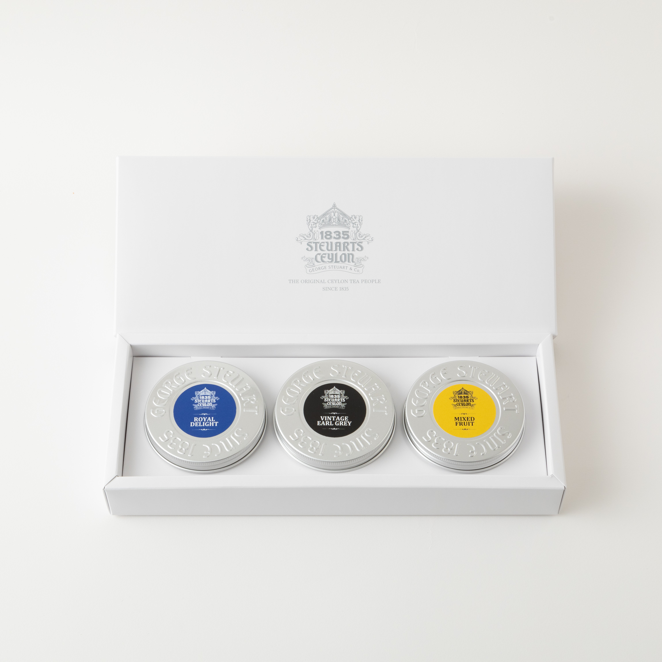 【ギフトボックス】リーフティーミニ缶3個セット（白）　ロイヤルディライト+アールグレイ+ミックスフルーツ
