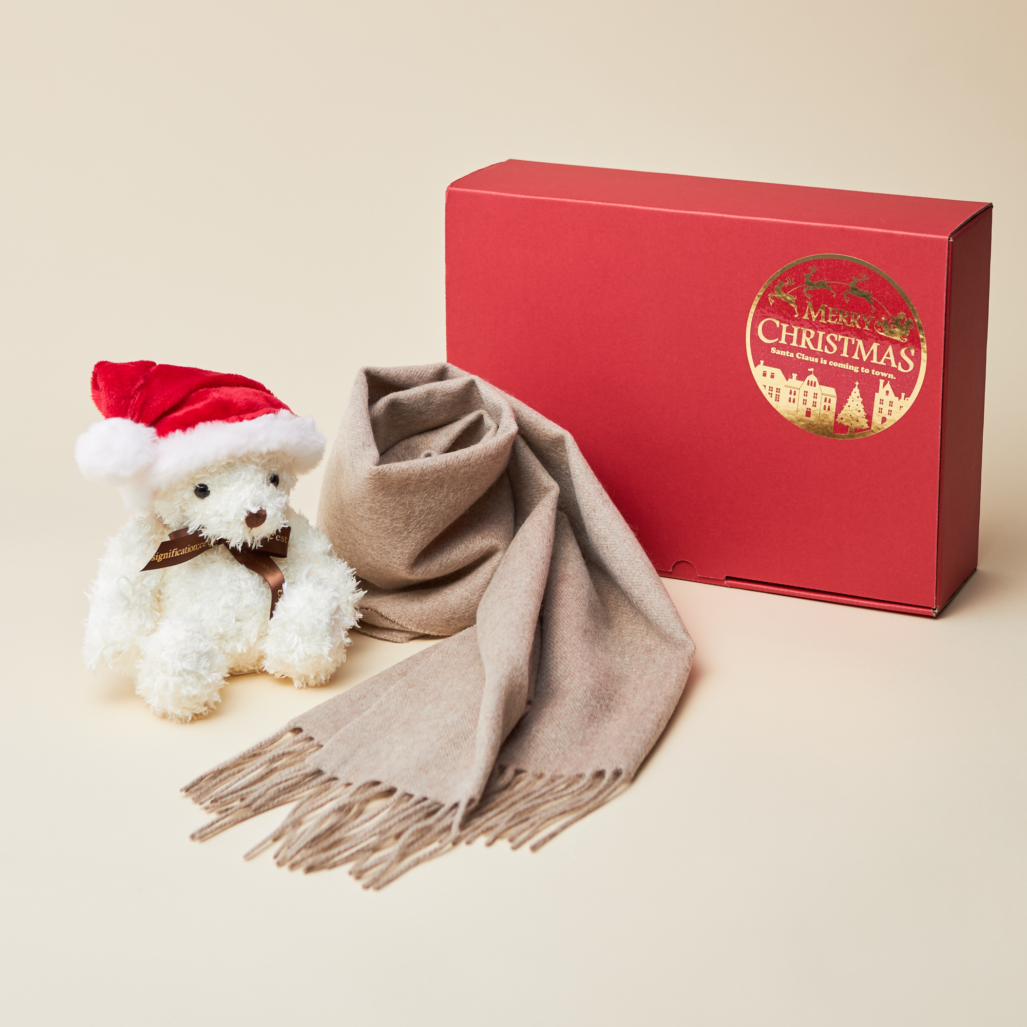 【名入れ/クリスマス限定ボックス付】カシミヤ100%マフラー/大判ストール・サンタテディベアセット