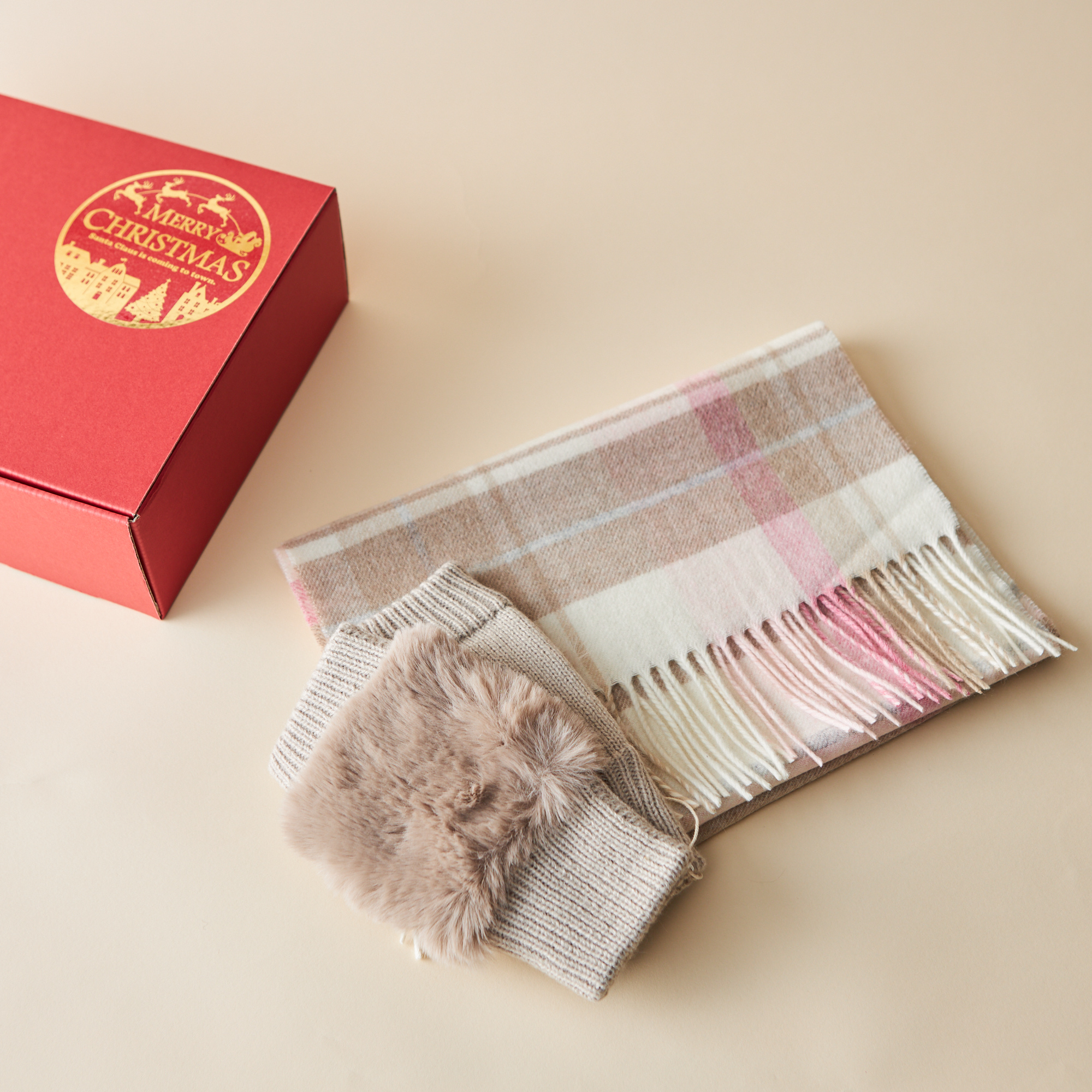 【名入れ/クリスマス限定ボックス付】カシミヤ100%マフラー/大判ストールとレディースニットグローブ