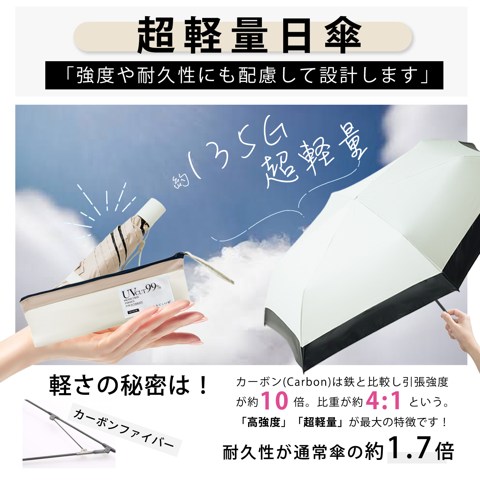 晴雨兼用超軽量折りたたみ日傘【99.9％完全遮光】