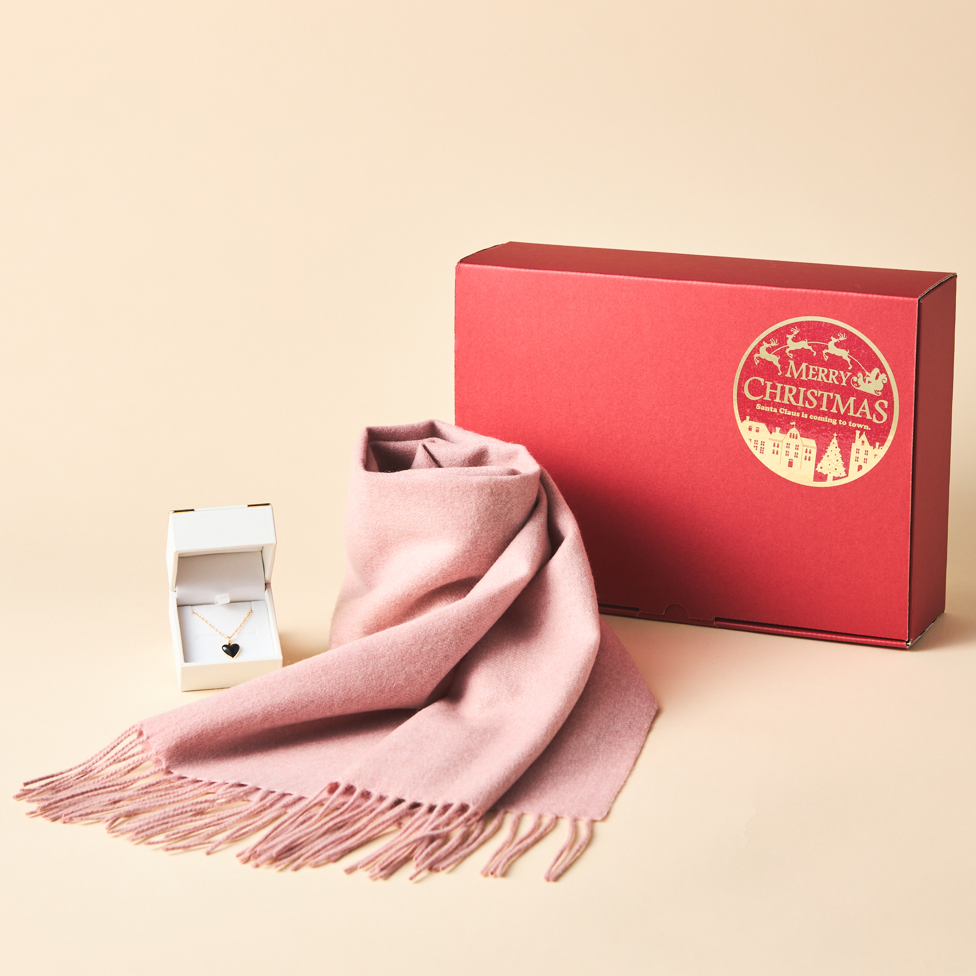 【名入れ/クリスマス限定ボックス付】カシミヤ100%マフラーとムードネックレスセット