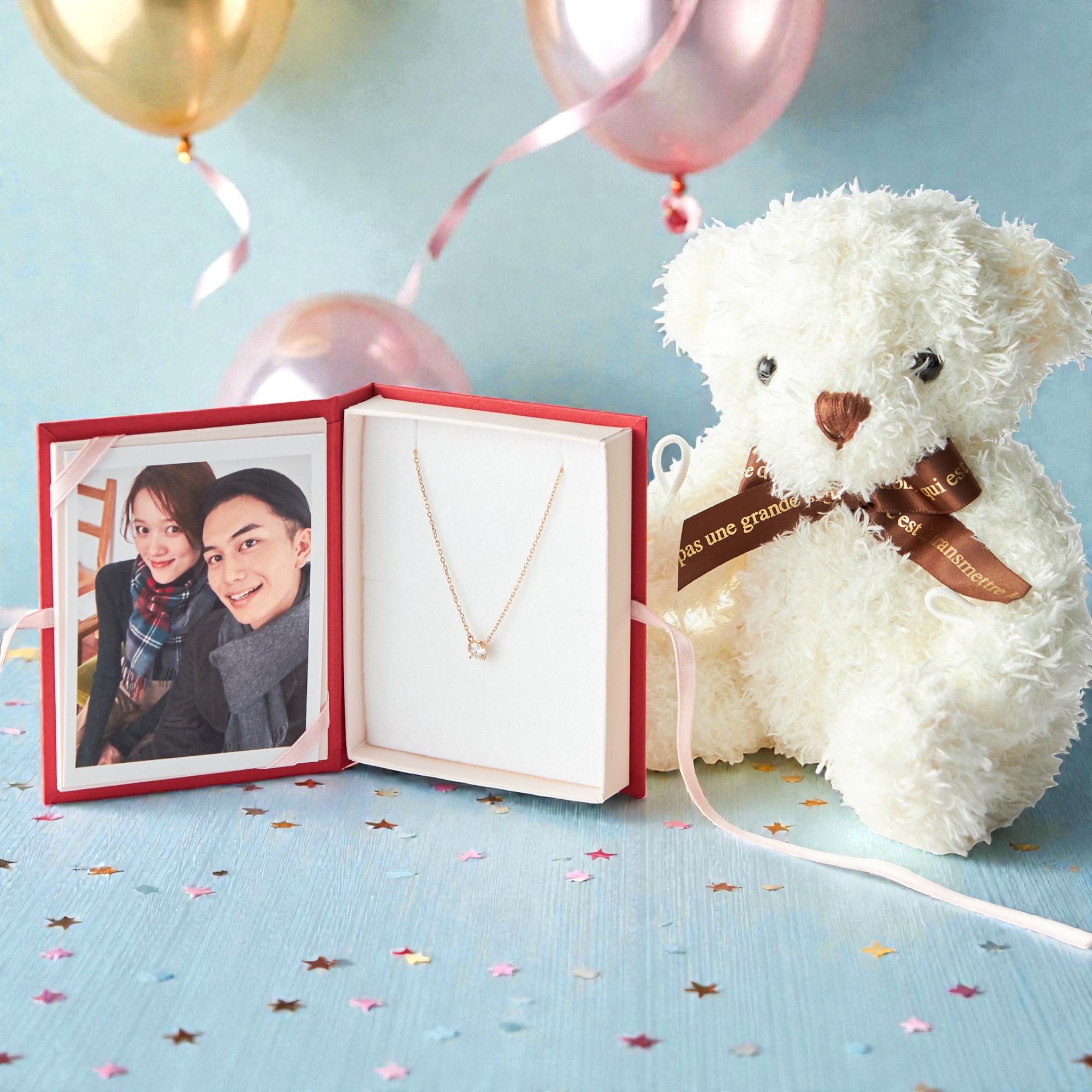 【写真BOX付き】一粒ネックレス & テディベアギフトセット