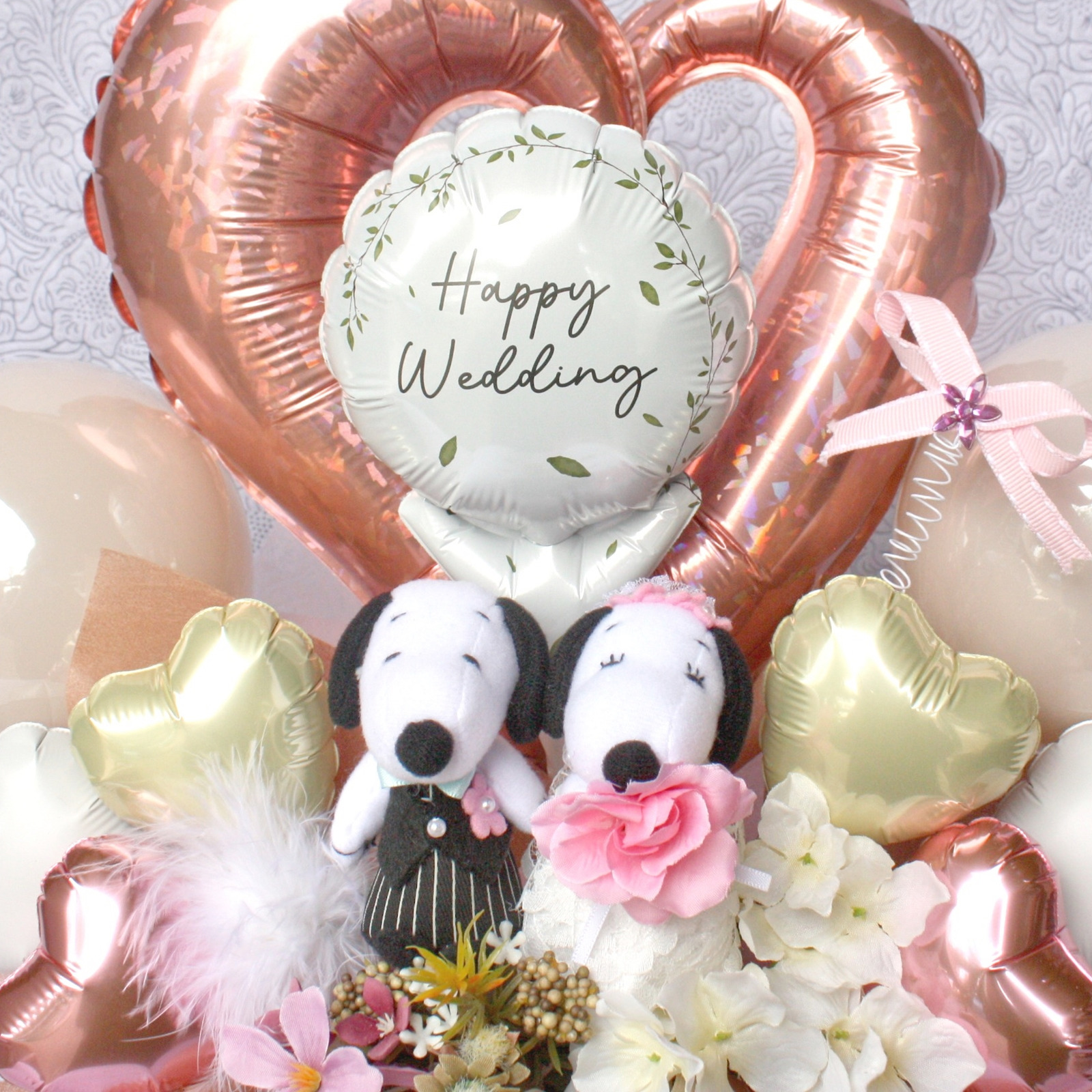 スヌーピーのぬいぐるみ電報 結婚式お祝いバルーン＆造花ギフト