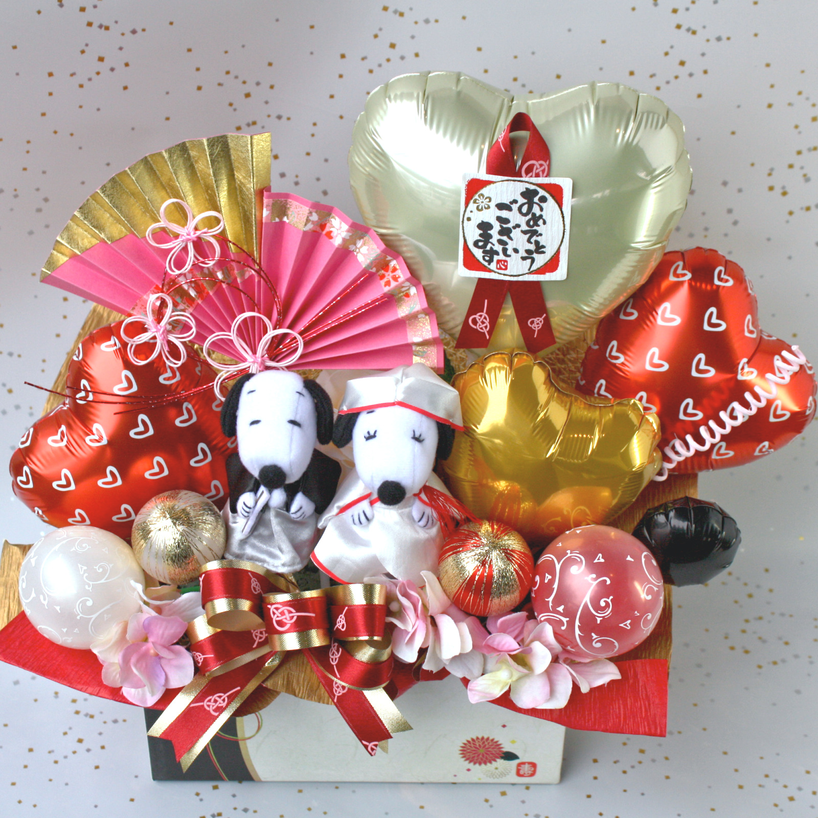 和装スヌーピーの祝電バルーン＆造花アレンジメント