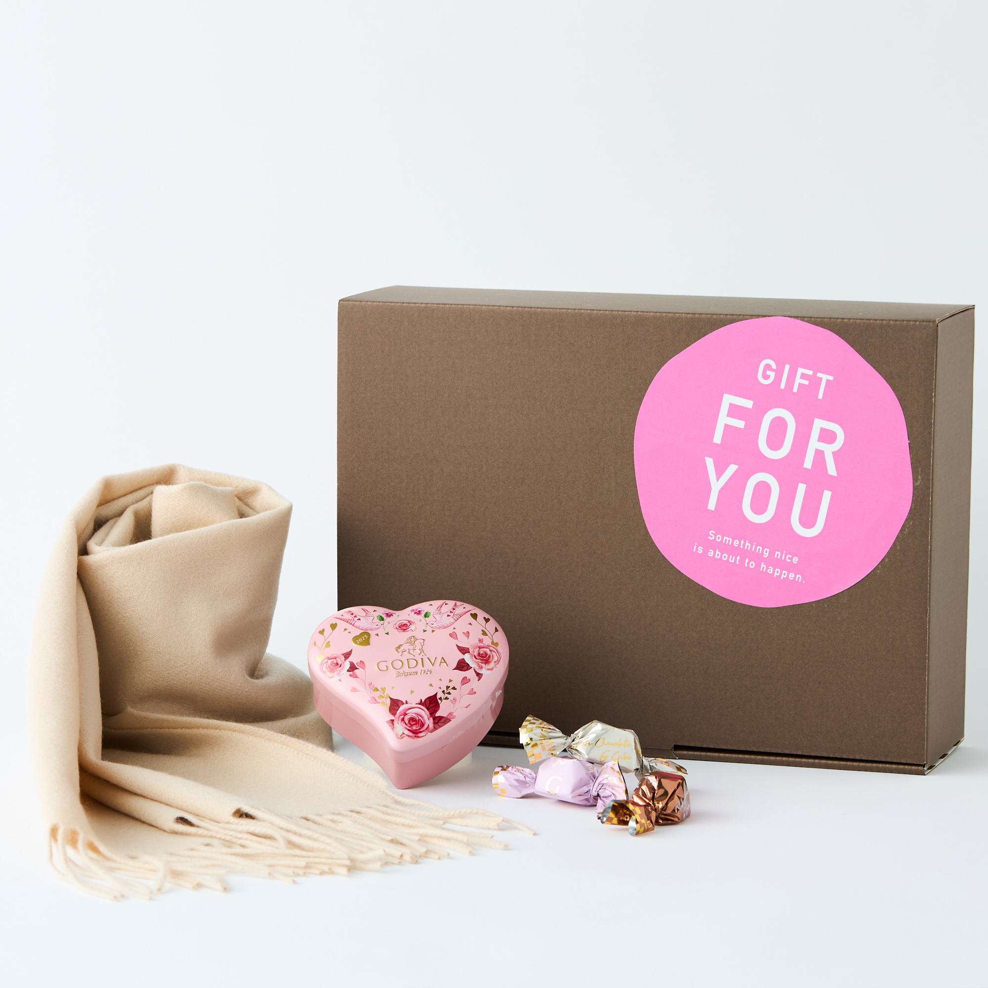 【BOX付】カシミヤ100%マフラーとブーケドゴディバミニハート缶セット