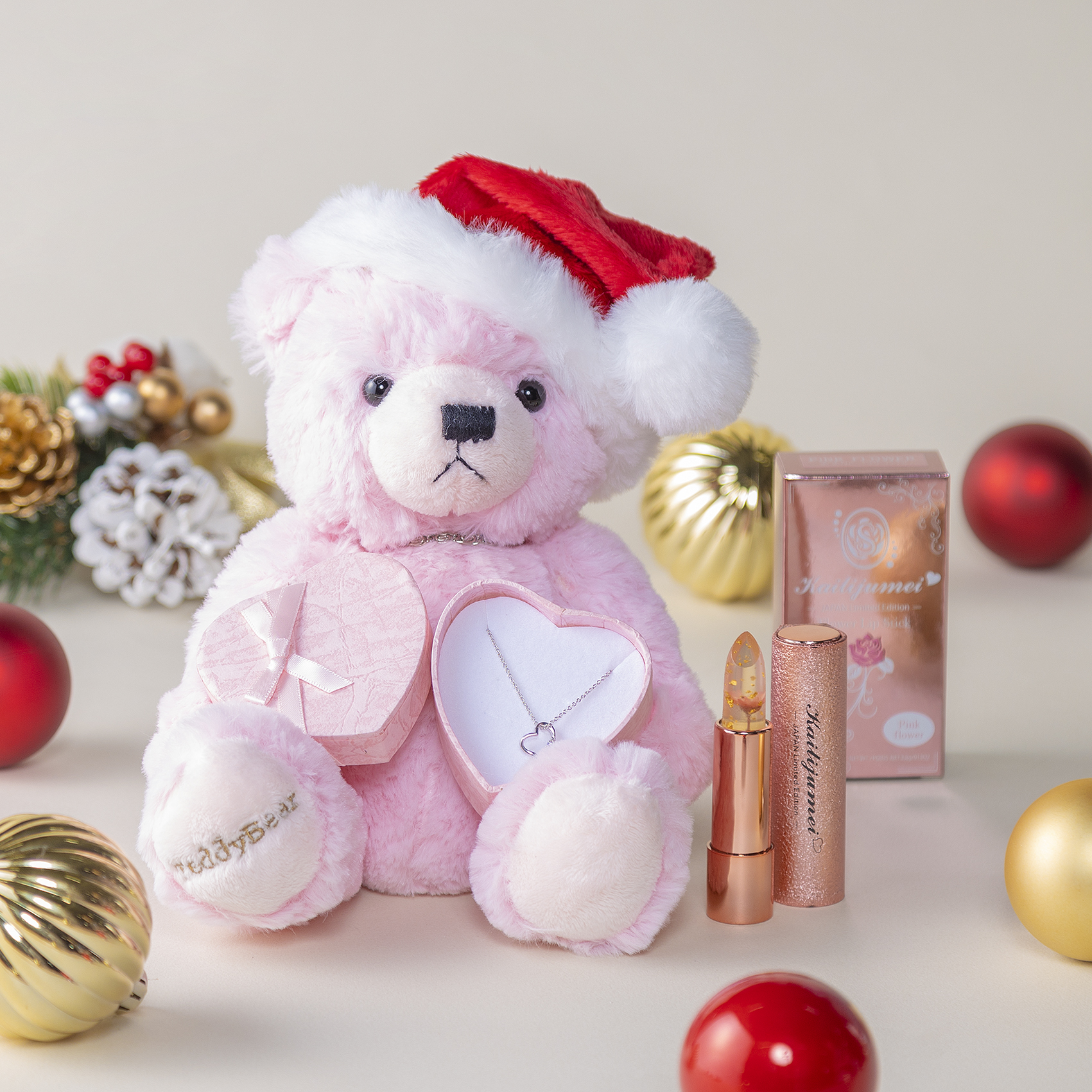 【刻印リップ】ピンクゴールド or ゴールドのお花リップ＆誕生石ネックレス＆テディベア