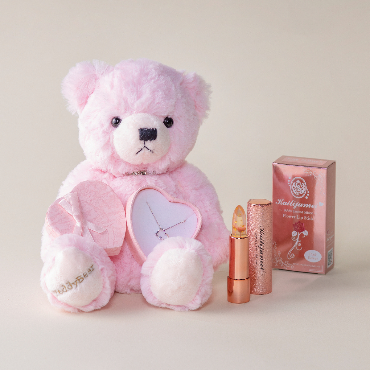 【刻印リップ】ピンクゴールド or ゴールドのお花リップ＆誕生石ネックレス＆テディベア