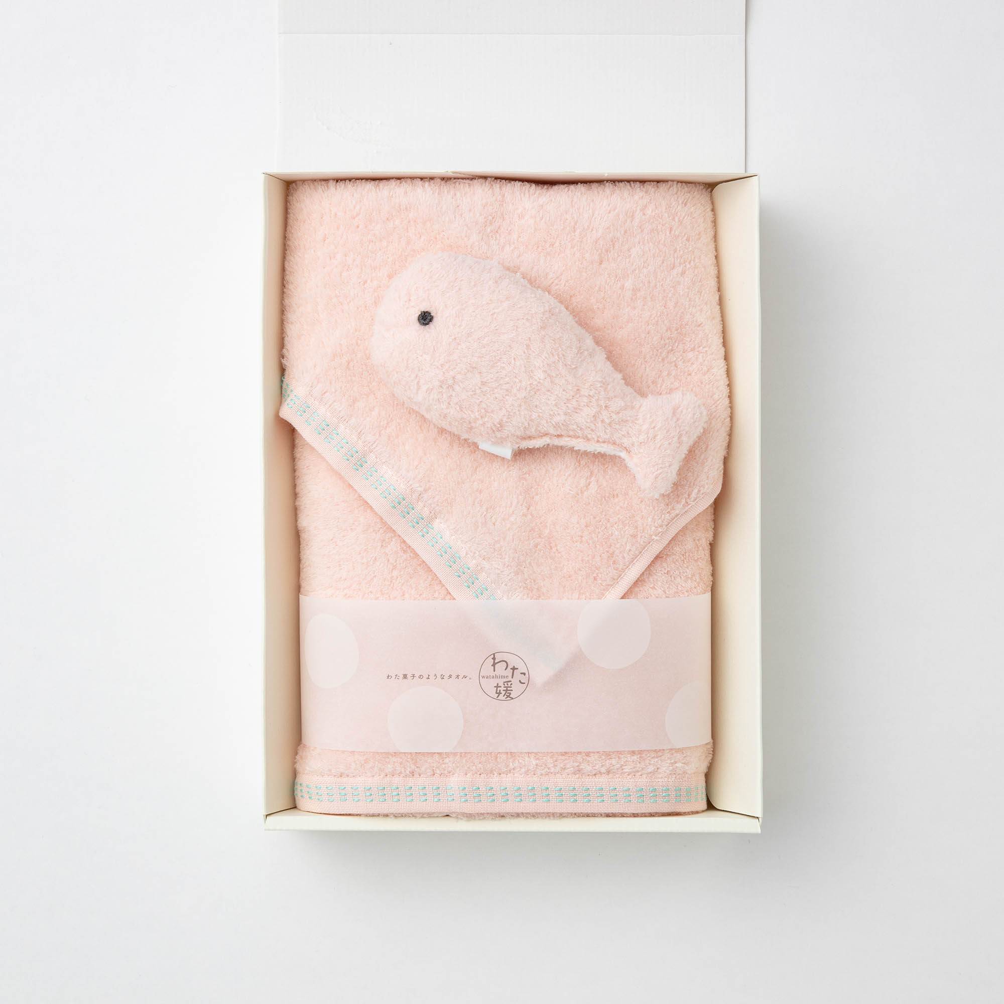 【最高級超長綿採用】わた媛ベビーギフトセット⑤　ピンク /フェイスタオル1枚・ハンドタオル1枚・鈴入おもちゃ1個