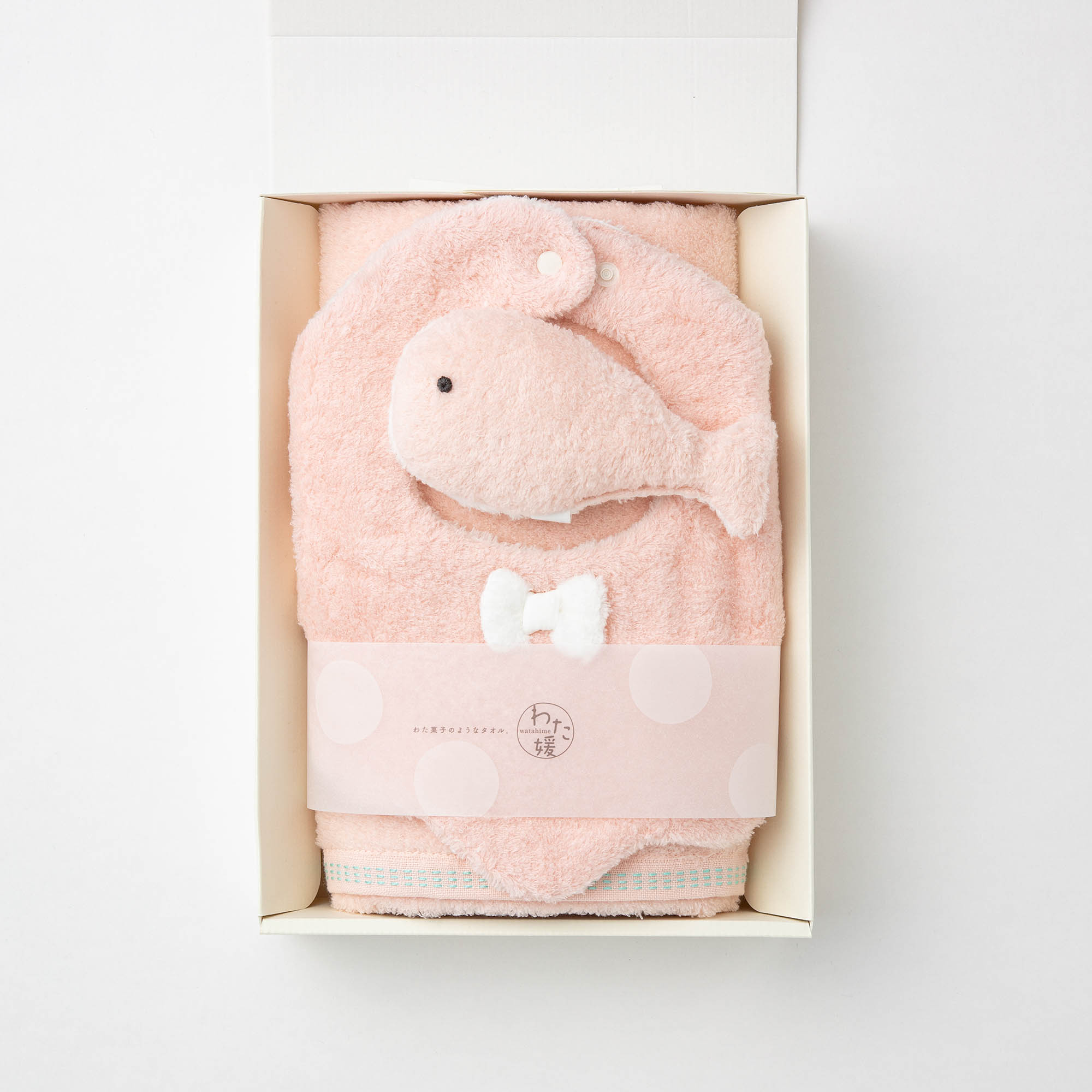 【最高級超長綿採用】わた媛ベビーギフトセット⑥　ピンク/ フェイスタオル1枚・スタイ1枚・鈴入おもちゃ1個
