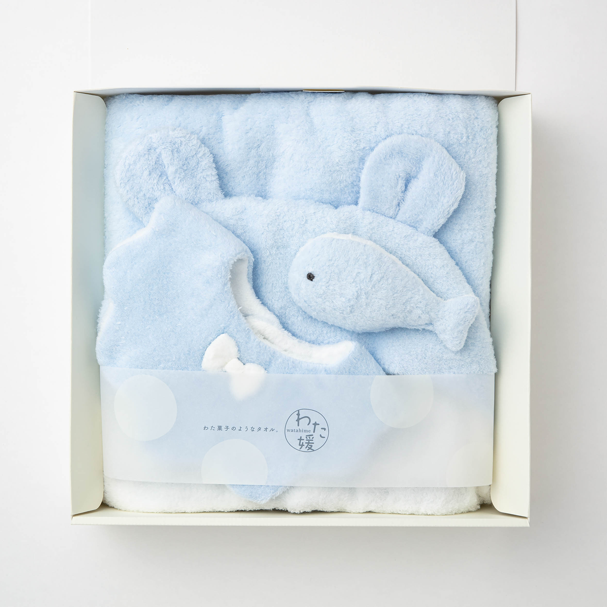 【最高級超長綿採用】わた媛ベビーギフトセット④　ブルー / カバーオールタイプおくるみ1枚・スタイ1枚・鈴入おもちゃ1個