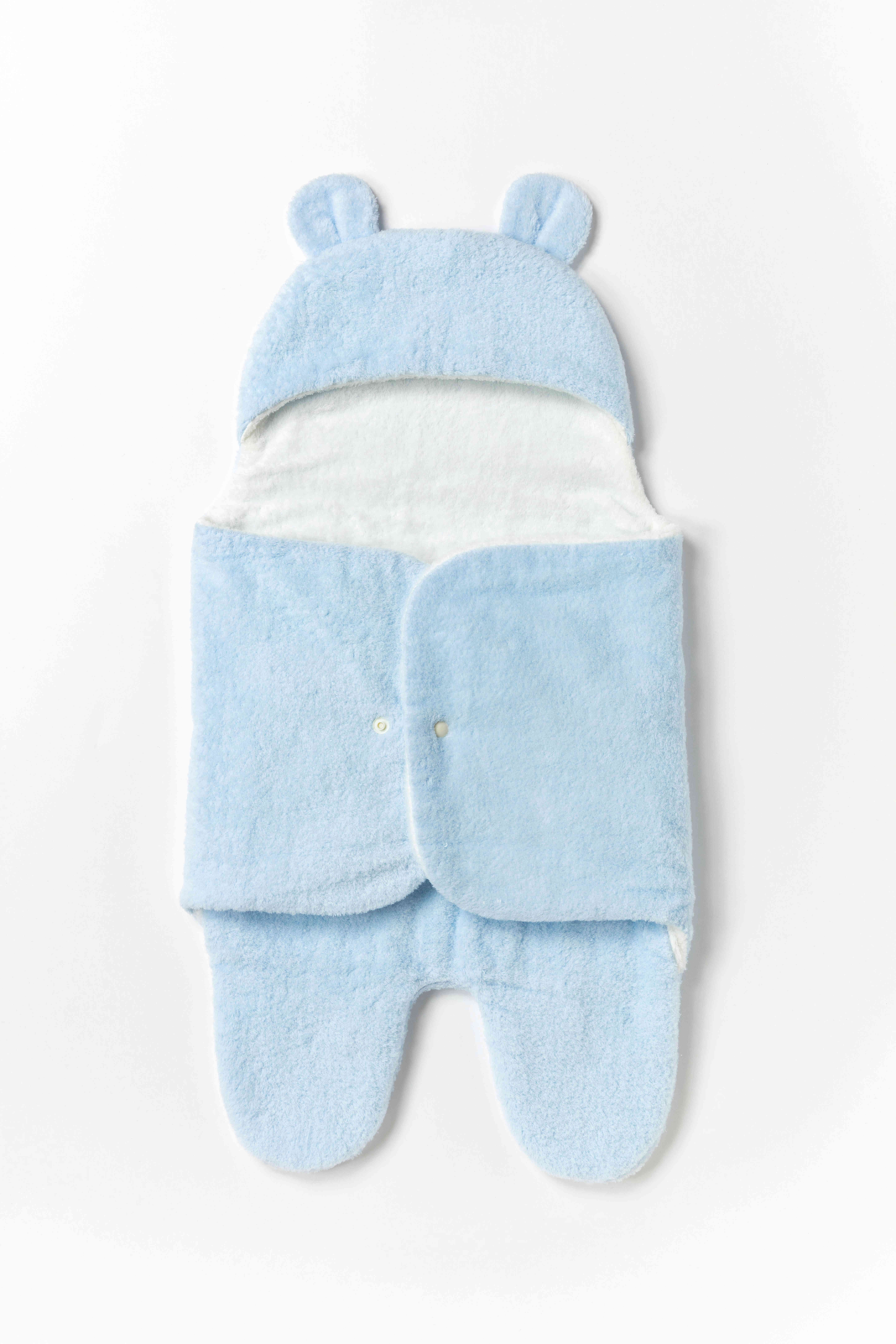 【最高級超長綿採用】わた媛ベビーギフトセット④　ブルー / カバーオールタイプおくるみ1枚・スタイ1枚・鈴入おもちゃ1個