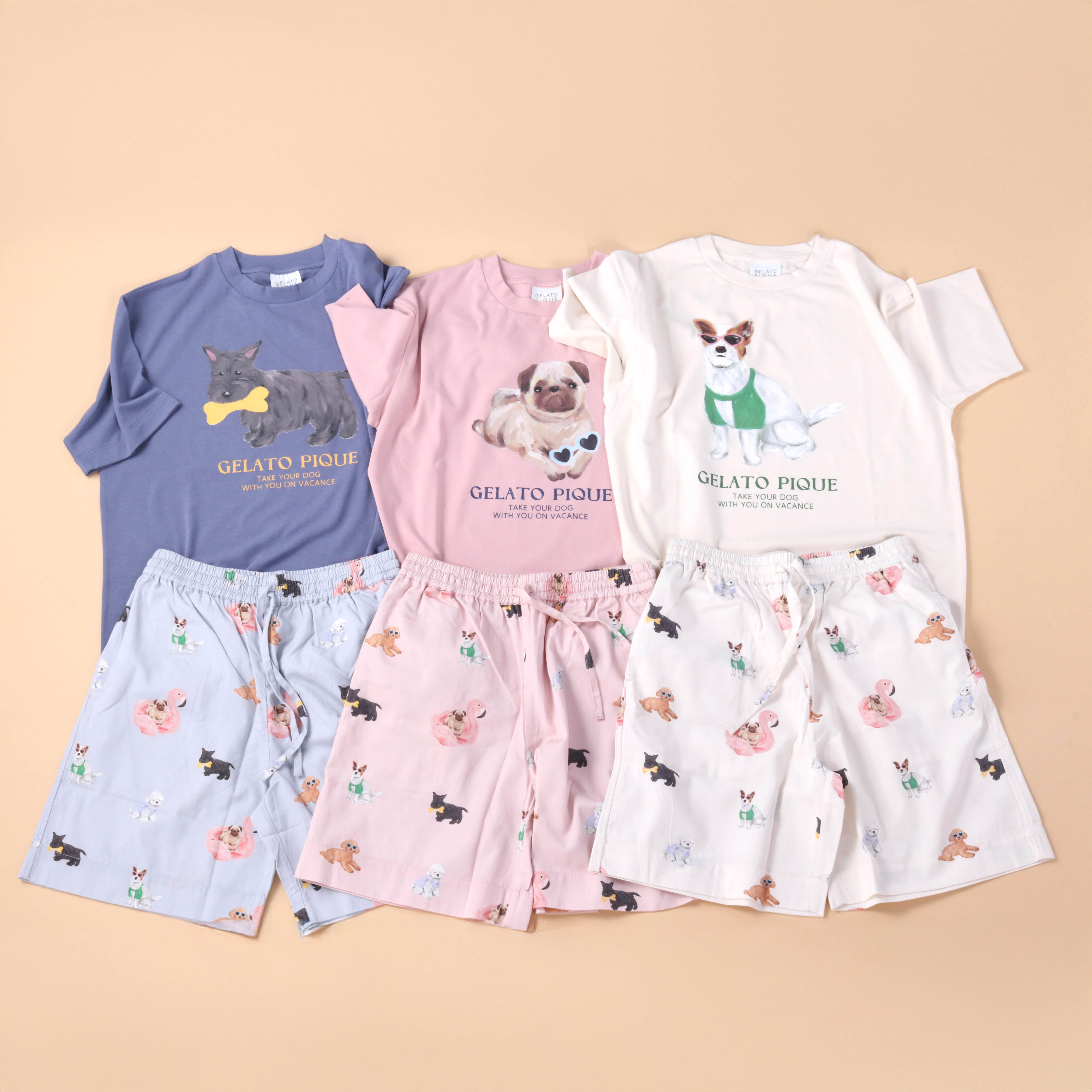 【WOMEN】DOGワンポイントTシャツ＆UNISEX SUMMER DOG総柄ハーフパンツ