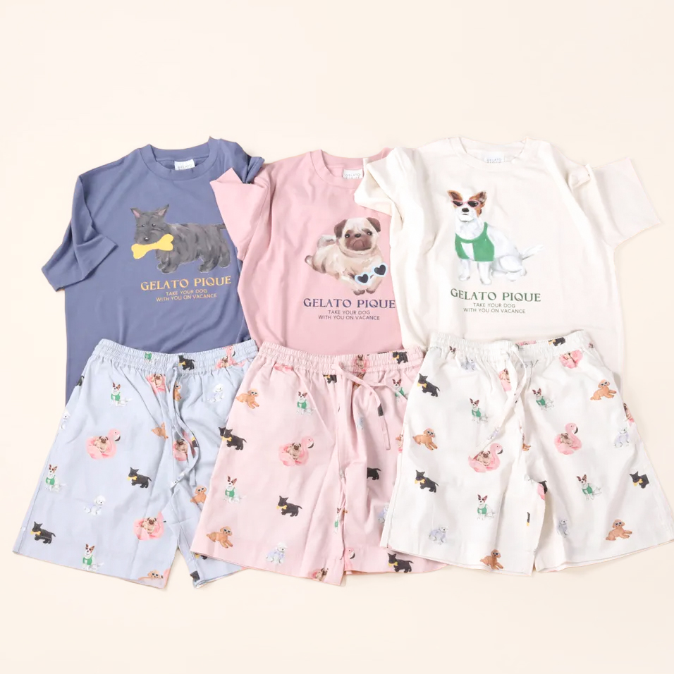 【WOMEN】DOGワンポイントTシャツ＆UNISEX SUMMER DOG総柄ハーフパンツ